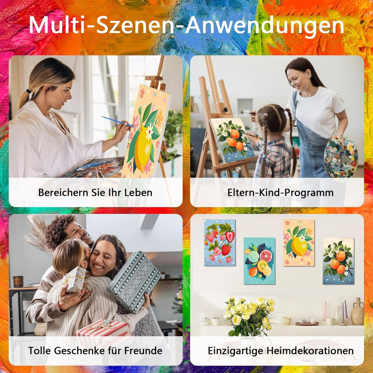 Pack of 4 Paint by Numbers Adults with Frame - Wooden Easel, Fruit Painting by Numbers for Beginners, DIY Simple Fruit Acrylic Oil Painting Kits with Brushes for Home Wall Decor, 20 X 30 Cm