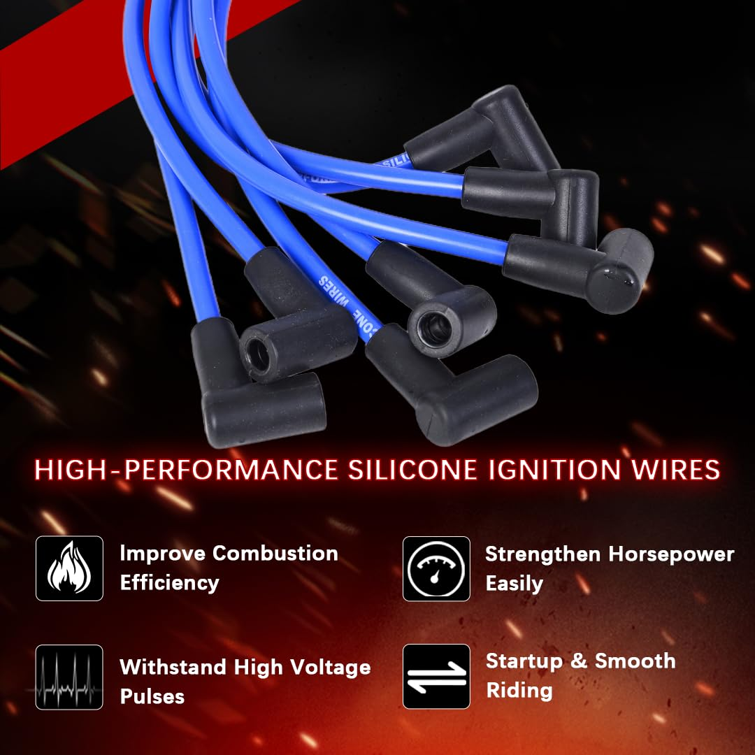 RLP Silicone Spark Plug Wires Set Blue 8.0Mm Compatible with Jeep 91-99 Cherokee 91-92 Comanche 93-98 Grand Cherokee 91-99 Wrangler L6 4.0L Replace 56041856AA - Pack of 7 - Red image number 7