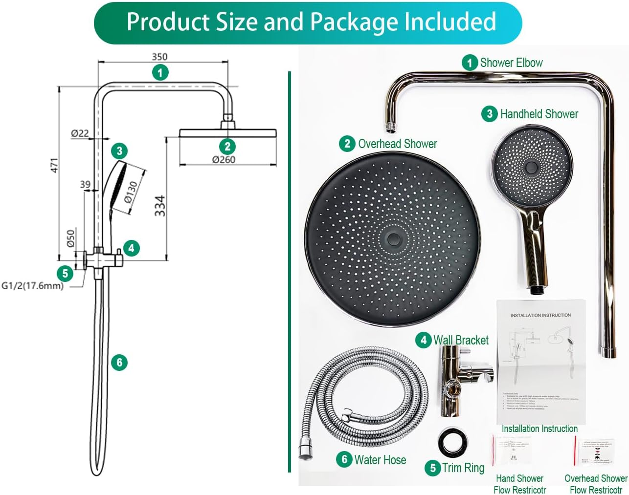 Upgraded 10'' Rain Shower Head Set 2-In-1 Shower Rail Wall Mounted with 5" Handheld Shower Head, Brass Construction Luxury Hotel Bathroom Shower Set image number 2