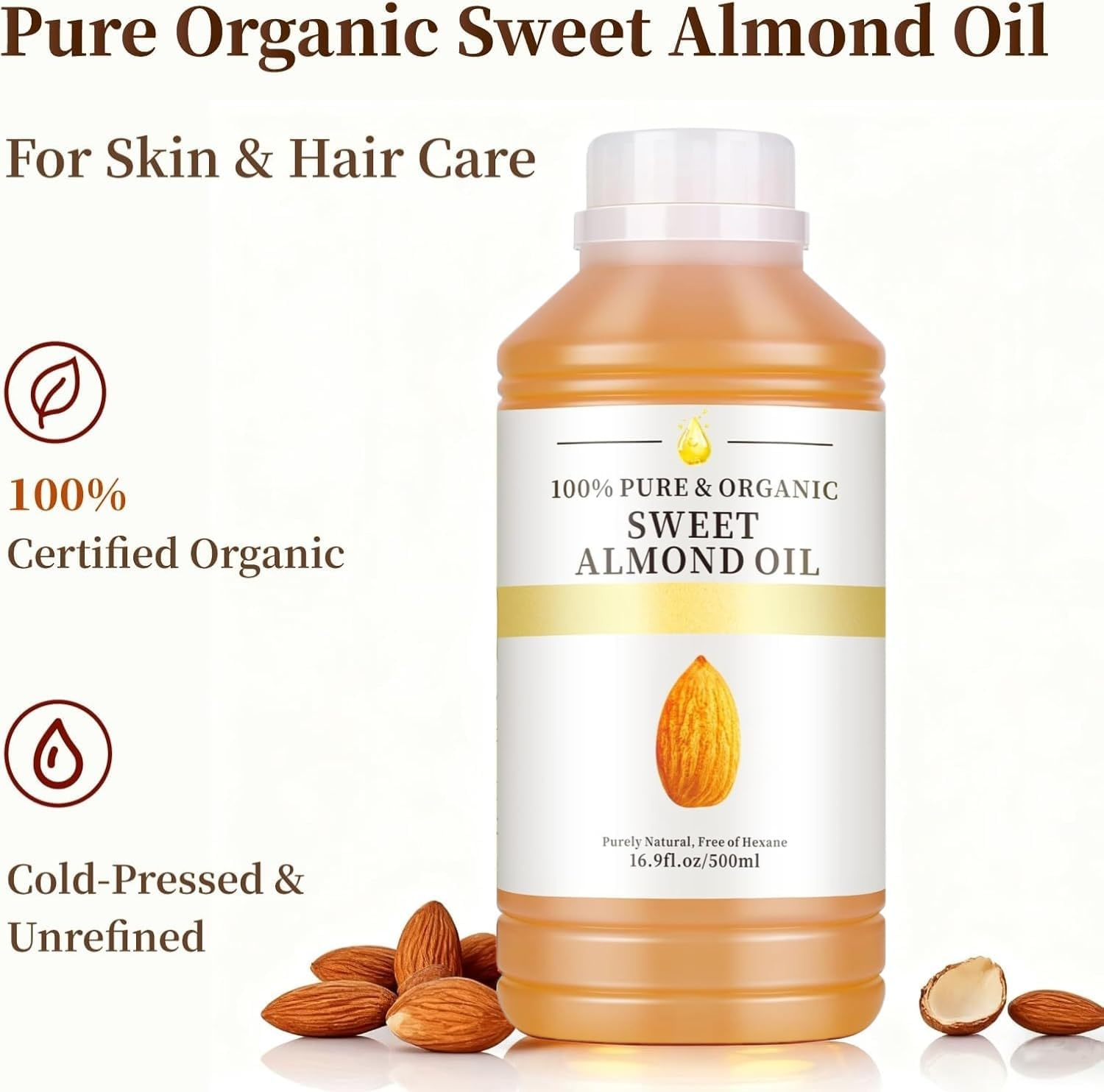 Sweet Almond Oil, 100% Pure Cold-Pressed Organic Moisturizer, Natural Conditioner for Skin, Hair and Body Care, Massage Oil, 500Ml image number 4