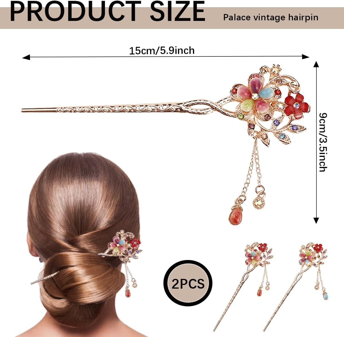 LNQ LUNIQI Chinese Hair Sticks Gold, Pack of 2 Vintage Hair Sticks with Pendant, Elegant Hair Stick with Rhinestones for Decorative Hair, Solid Hairstyle, 15 Cm image number 6