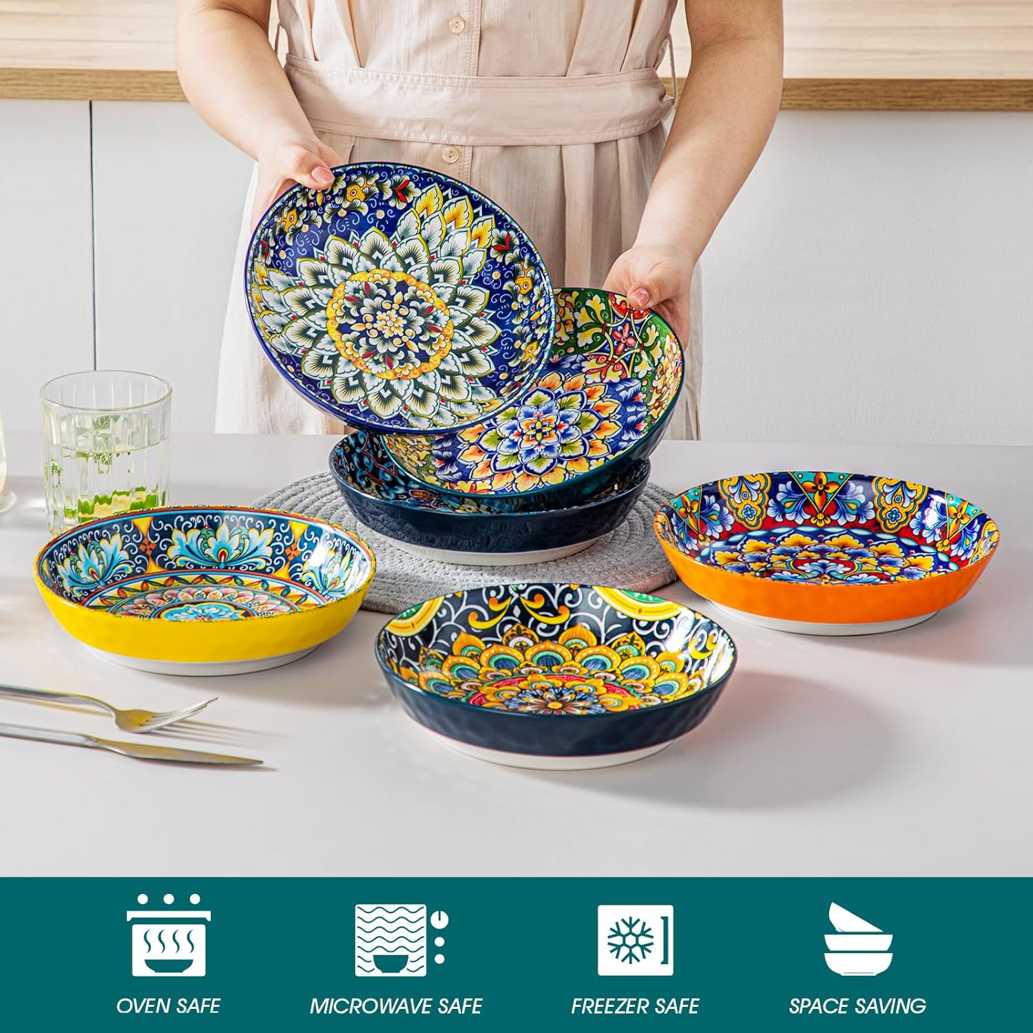 Vancasso Pasta Bowl Set, Ceramic Salad Bowls of 6, 32 Oz Large Corlorful Serving Bowls for Kitchen, Dishwasher & Microwave Safe Soup Bowls, Pasta Plates image number 1