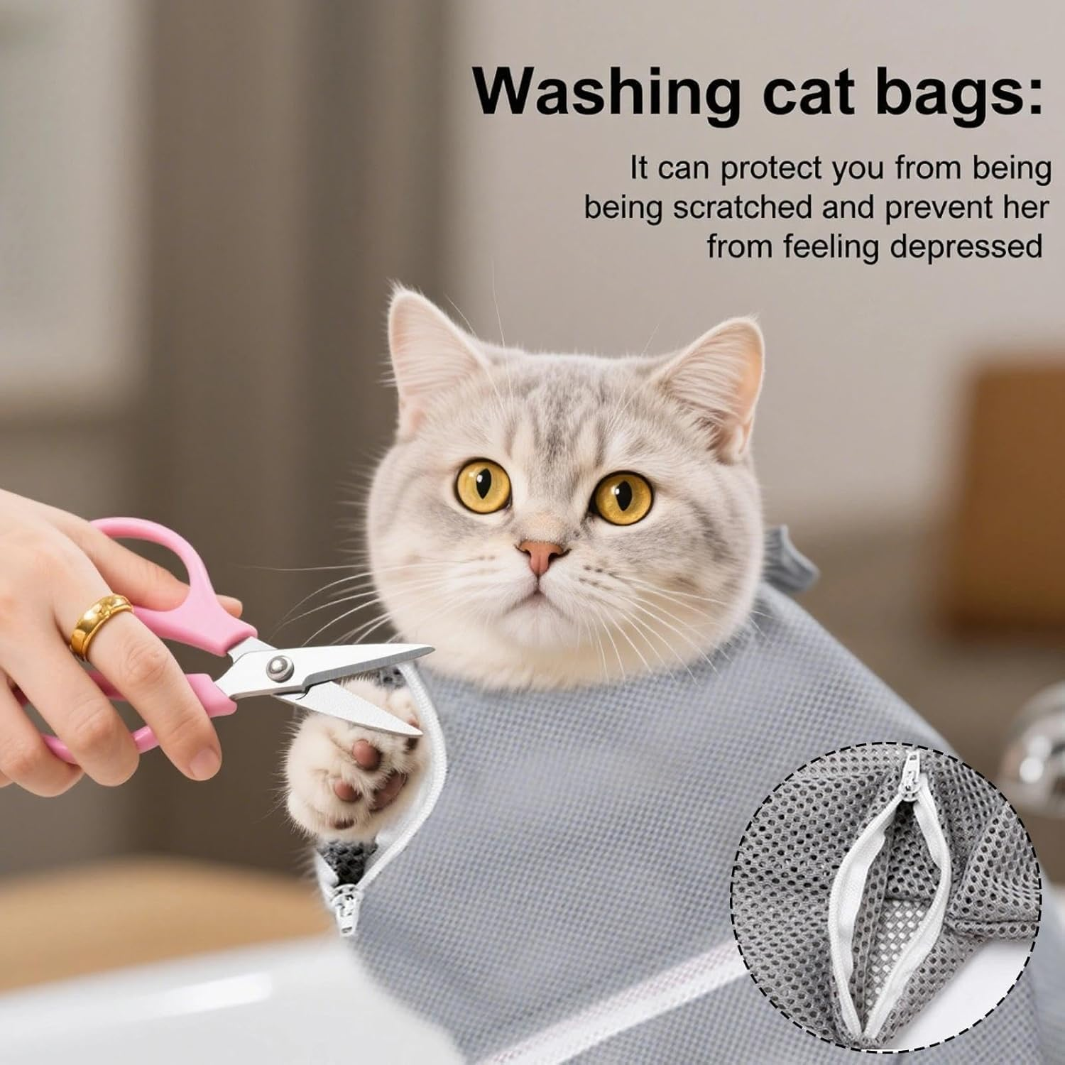 Adjustable Cat Bathing Shower Bag, 1Pc Anti-Bite & Anti-Scratch Cat Bath Washing Restraint Bag, Breathable Mesh Cat Grooming Bag for Shower, Grey image number 1