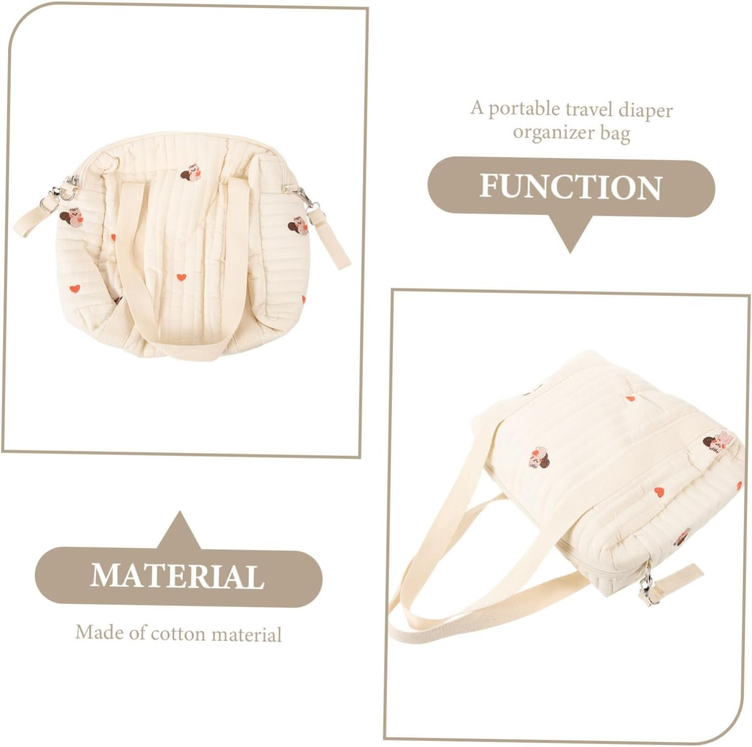 SECFOU Embroidered Cotton Diaper Bag Stroller Straps Medium Squirrel Design Compact Travel Tote for Moms Versatile Baby Storage Dual Handles image number 3