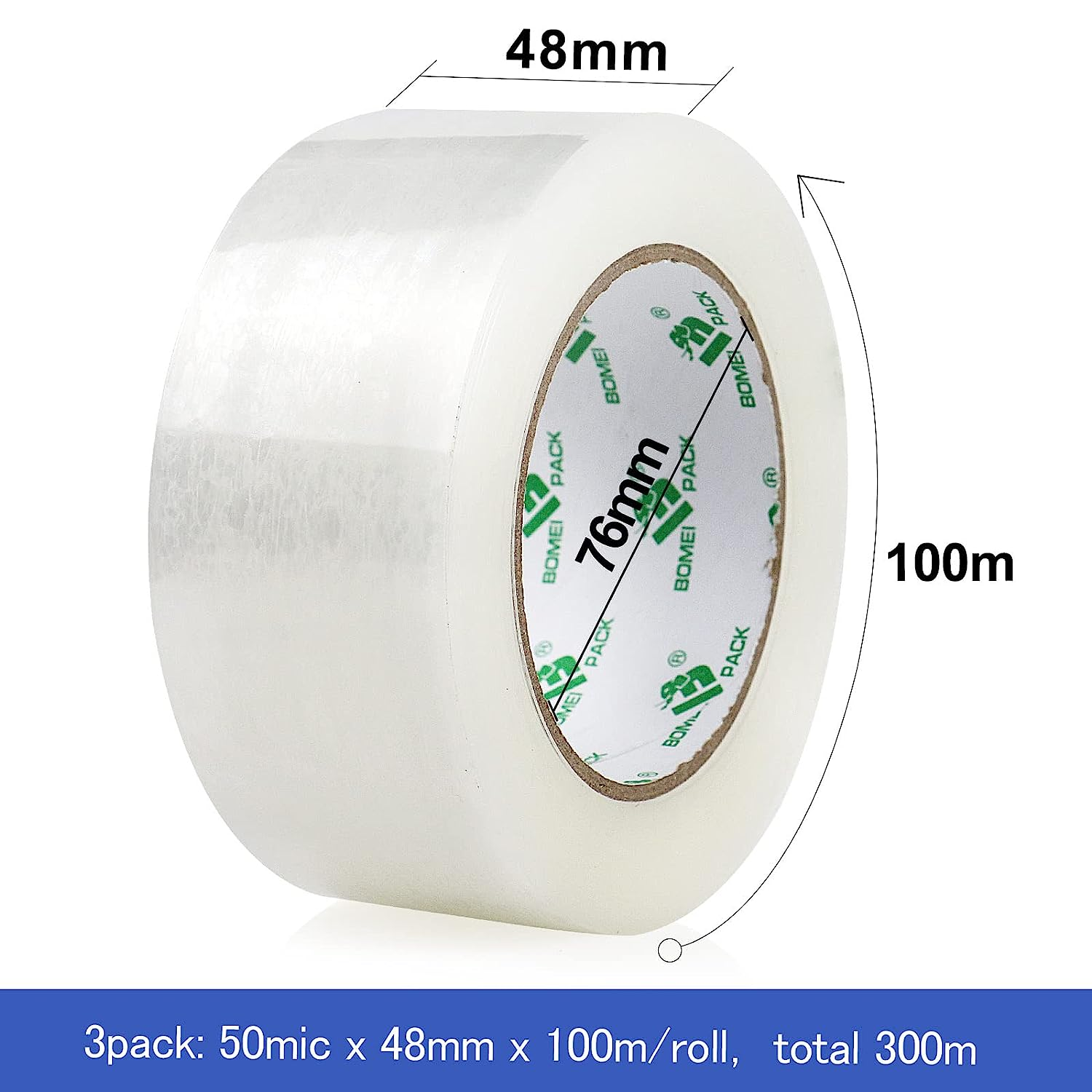 BOMEI PACK Clear Packing Tape, Heavy Duty Packaging Tape for Moving Shipping Sealing and Storage,1.96Mil Thick, 3 Rolls 1.88 Inch X 100M,Total 300M