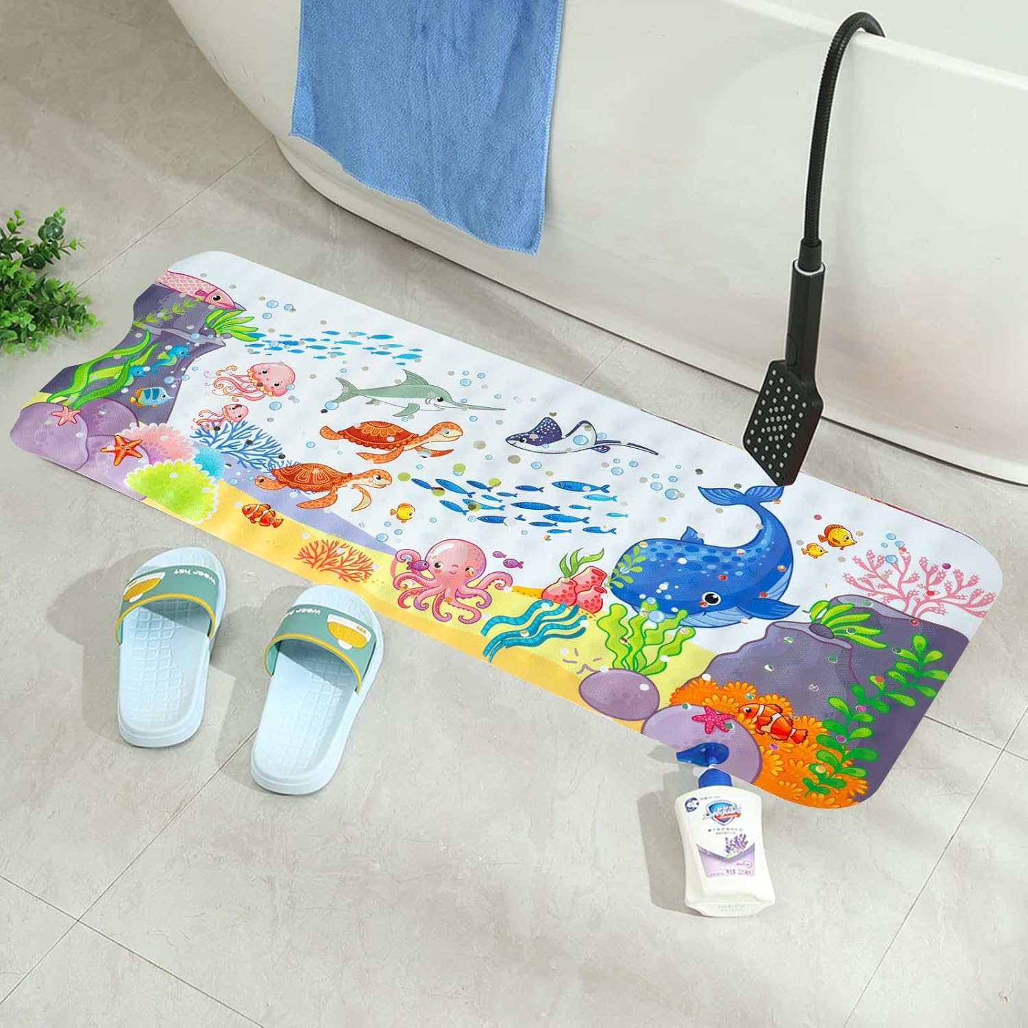 Baby Bath Mat for Bathroom 40X16 Inch Long Shower Mats Non-Slip Bathtub Mat with Suction Cup Reusable Baby Bathtub Mat Machine Washable (Turtle+ Blue Whale)