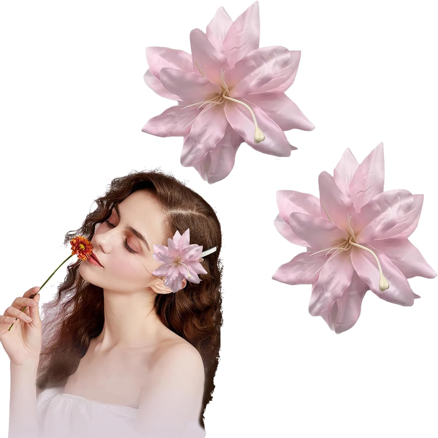 2Pcs Pink Artificial Lily Flower Hair Clips Floral Shaped Barrettes Flowers Hairpins Headdress Headwears Hair Accessories for Wedding Beach Party image number 6