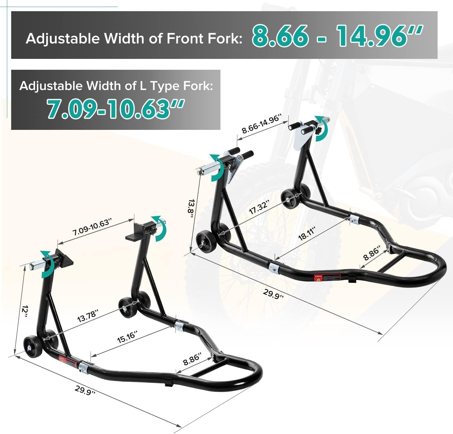 Motorcycle Stand Lift, 850Lbs Front Rear Combo Stand Lift Stand, Front Wheel Fork Stand, Rear U+L Fork Swingarm Spool Stand, Compatible with Most Yamaha Honda Kawasaki Suzuki Motorcycles image number 6
