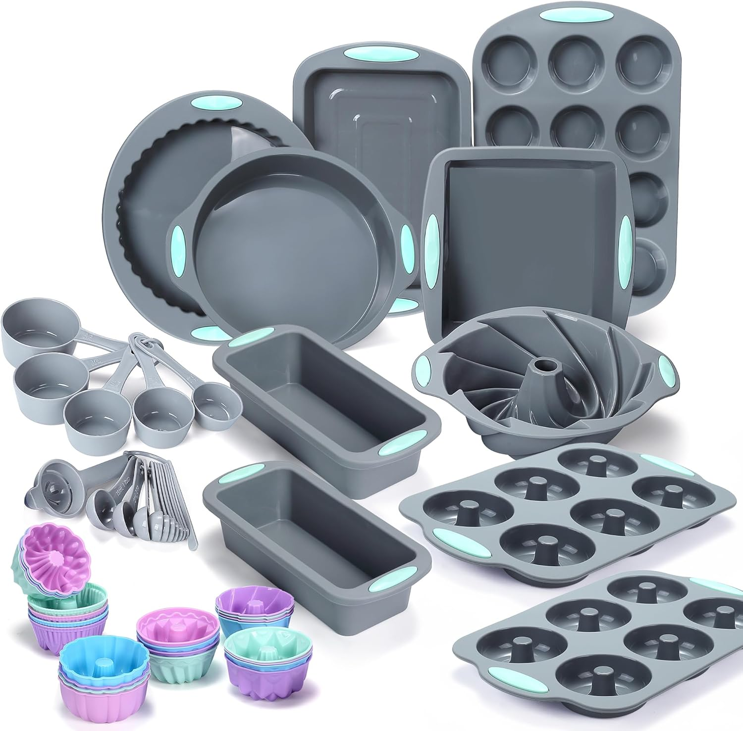 Tongjude 51 Piece Silicone Bakeware Set, Non-Stick Kitchen Oven Baking Pans, Silicone Cake Molds with Muffin Pan, Cookies Baking Sheet, Cake Pan, Donut Pan and Loaf Pan image number 6