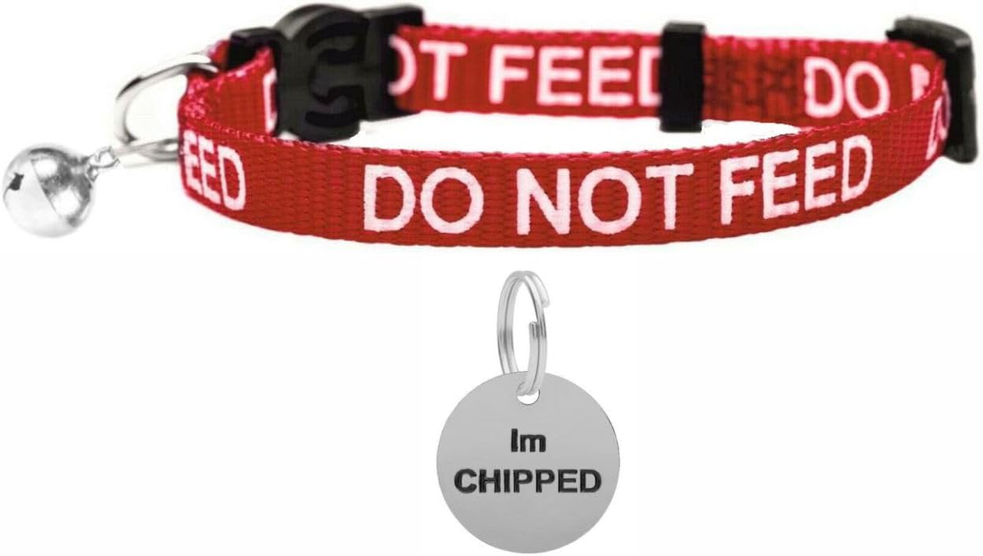 LARRYROO Cat Collar with DO NOT FEED Print - Soft Nylon & Safety Release Buckle - with Personalised Engraved round Silver ID Tag with IM CHIPPED Print (Red)