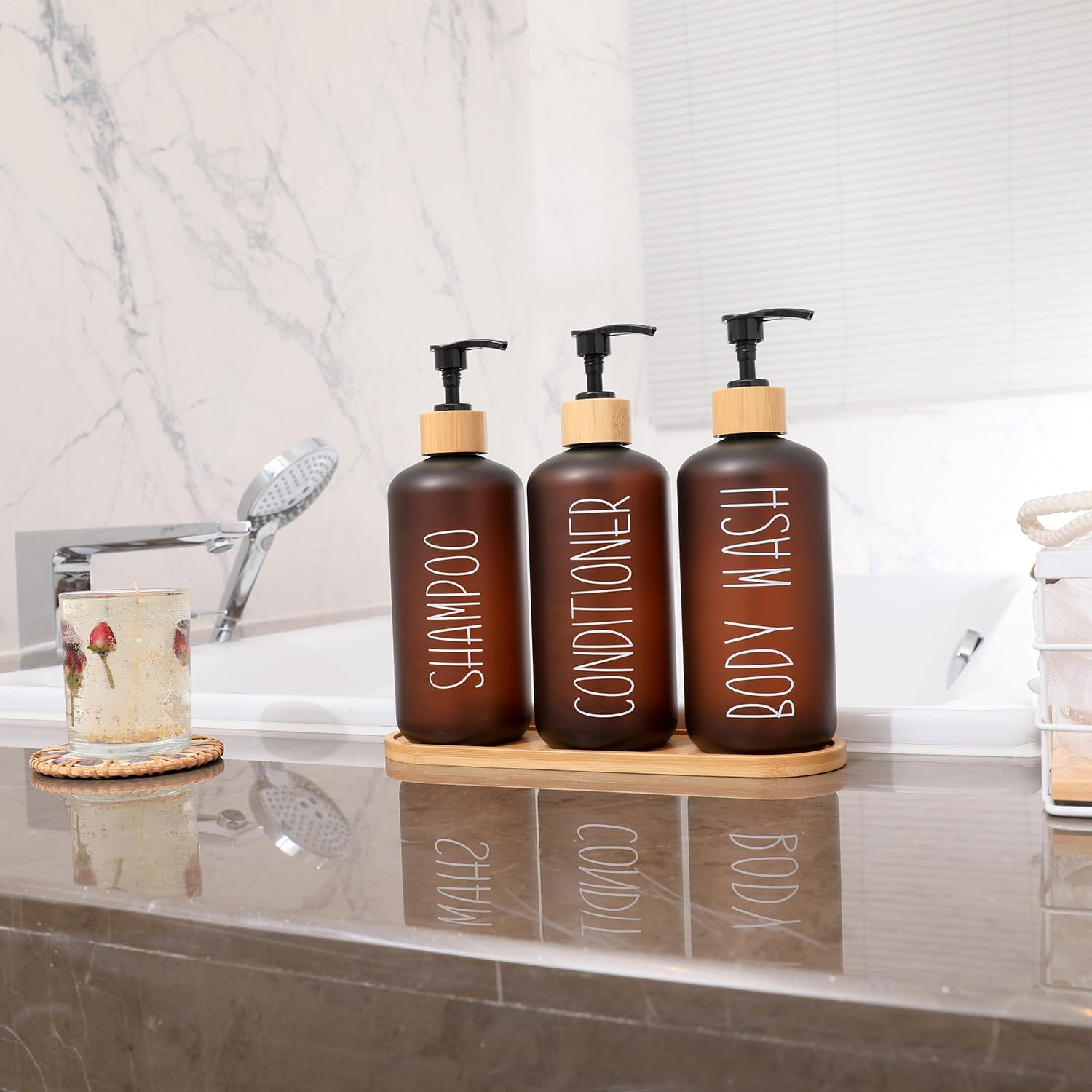 MOMEEMO Amber Shower Dispenser Set, Contains 3 Extra-Thick PET Plastic Bottles with Bamboo Pumps, Shampoo and Conditioner Dispenser for Shower Perfect for Modern Bathroom Decor. (Amber) image number 3