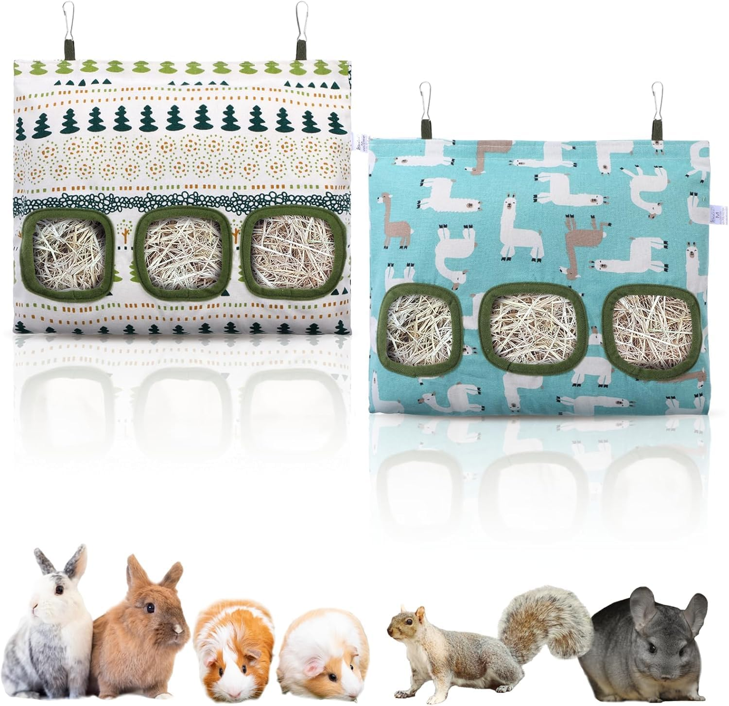 2 Pcs Rabbit Hay Feeder Bag, Small Animal Hay Feeder Holder with 3 Pockets, Guinea Pig Hay Feeder,Hay Dispenser Storage Manger for Rabbit Guinea Pig Hamsters Chinchilla Small Pets image number 4