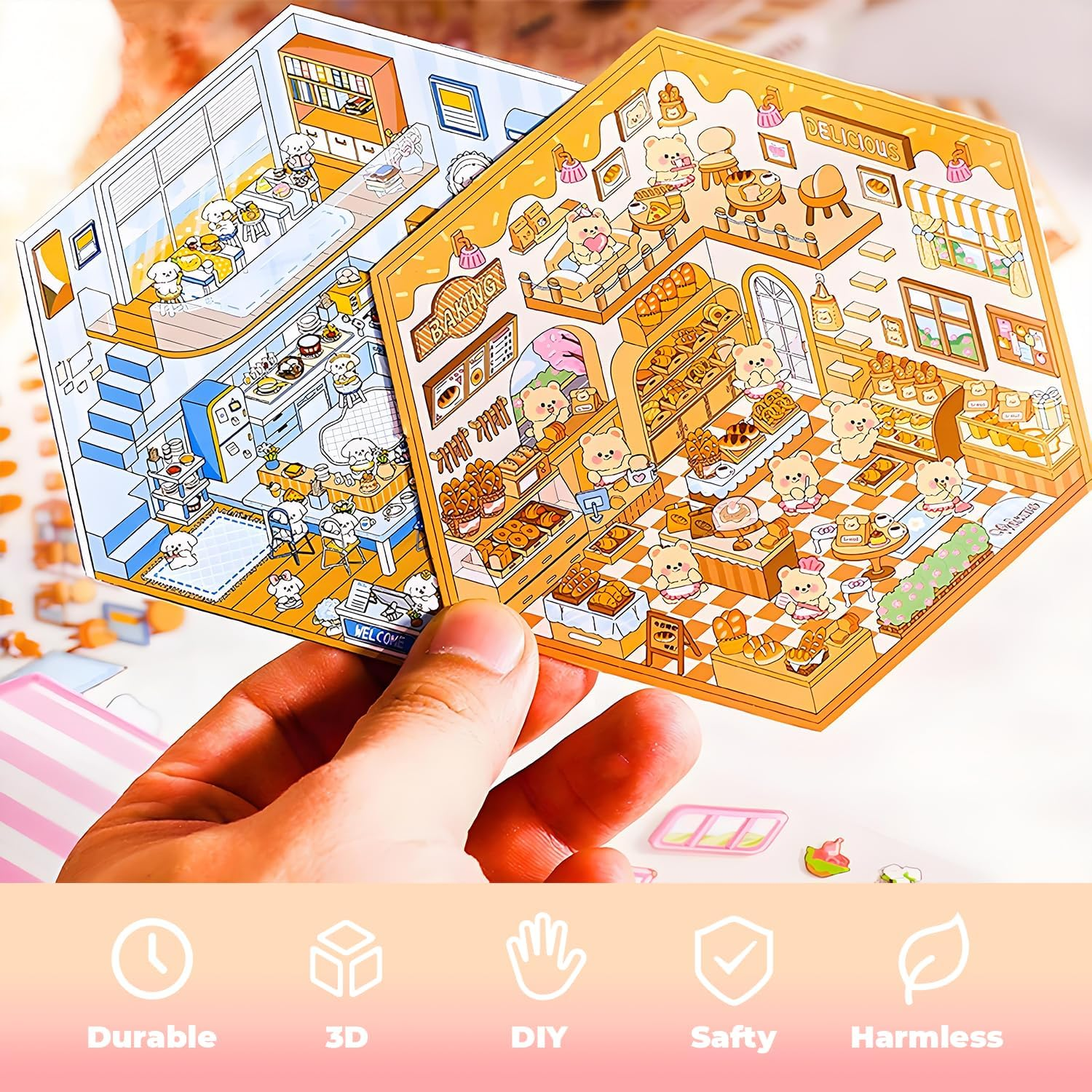 3D House Scene Stickers, 6 Sets Fun Stickers Scene Make Your Own Mini House Shop, Includes Cute Animal Shop Cartoon Stickers for Kids Girls Adults Pass the Time Relief Stress image number 2