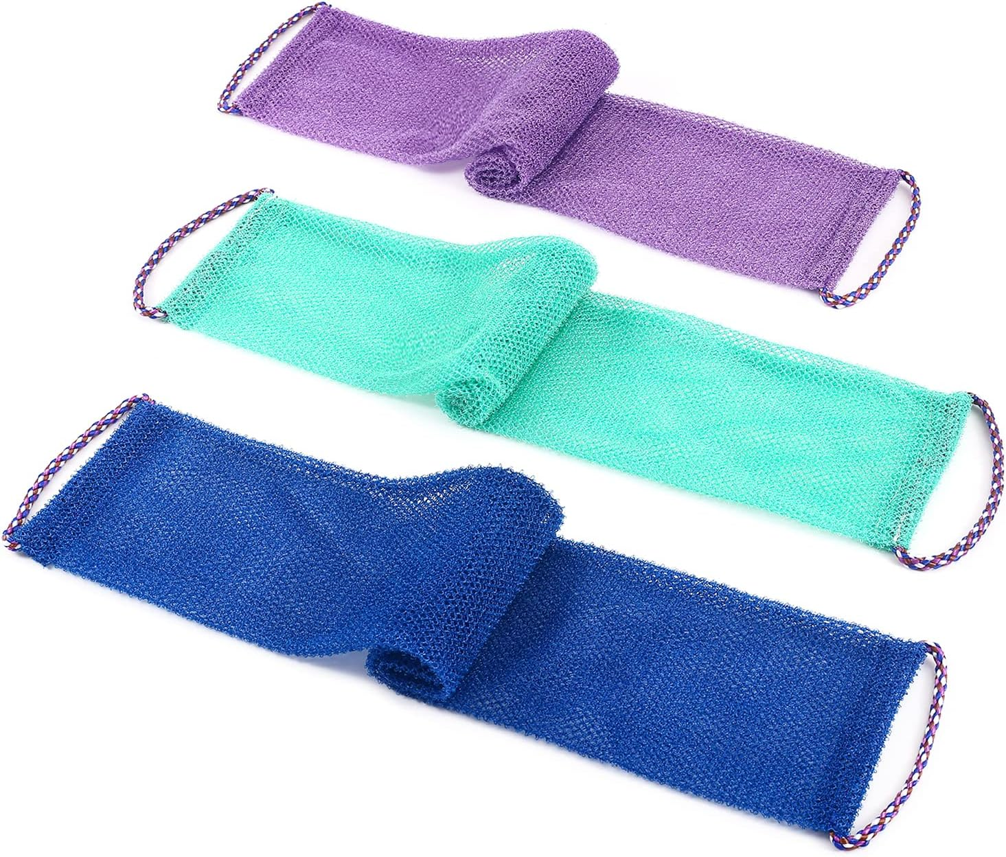 3 Pcs African Net Sponge African Exfoliating Net Long African Bath Sponge Washcloth Shower Net African Body Scrubber Net for Skin Smoother Daily Use(Purple+Blue+Lake Green)