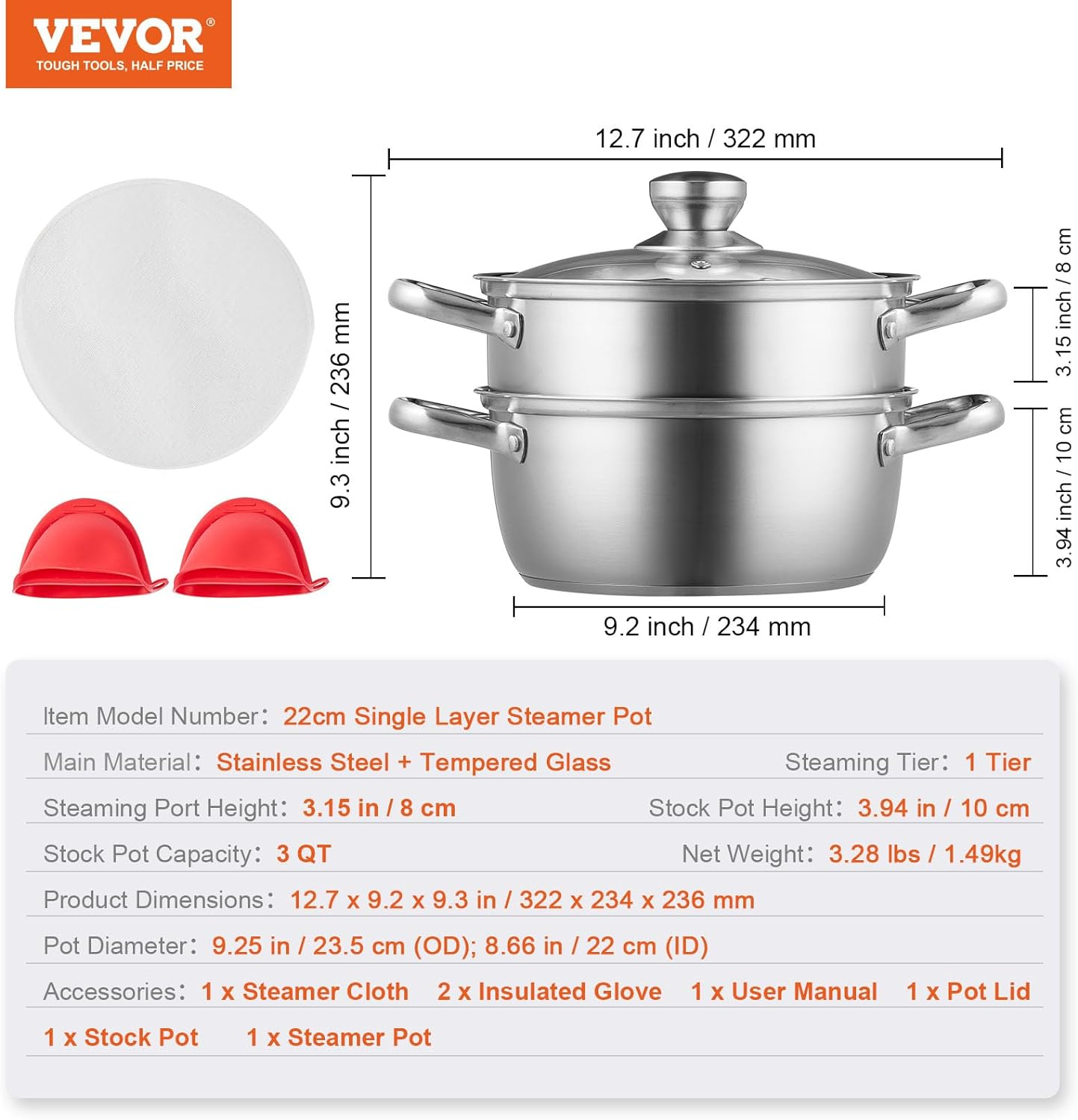 VEVOR Steamer Pot, 22Cm Steamer Pot for Cooking with 3QT Stock Pot and Vegetable Steamer, Large Capacity Stainless Steel Food Steamer Cookware with Lid for Gas Electric Induction Grill Stove image number 4