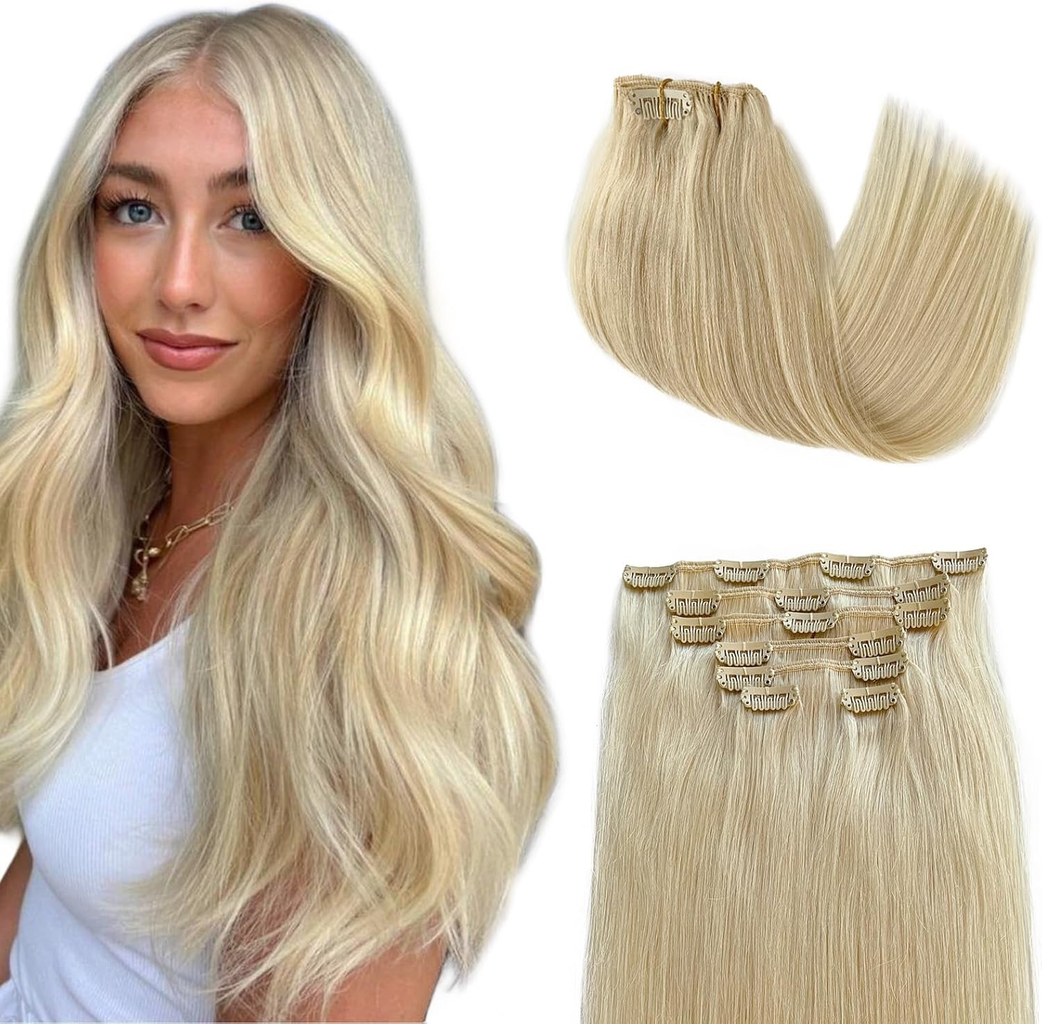 Hair Extensions Clip Ins Remy Human Hair Beige Blonde with Bleach Blonde Clip in Human Hair Extensions for Women 70Grams(18/613, 15")