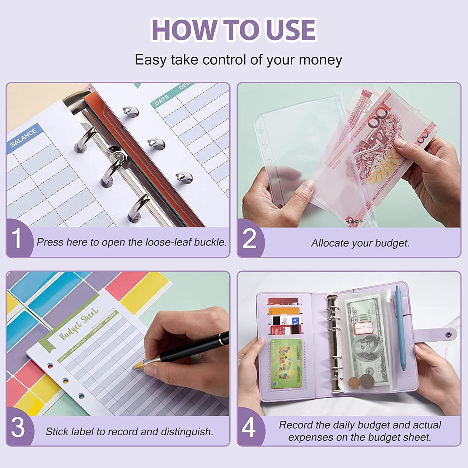 Budget Binder with Cash Envelopes for Budgeting, A6 Size, 12Pcs Budget Planner, Zipper Envelopes (Purple-White) image number 5