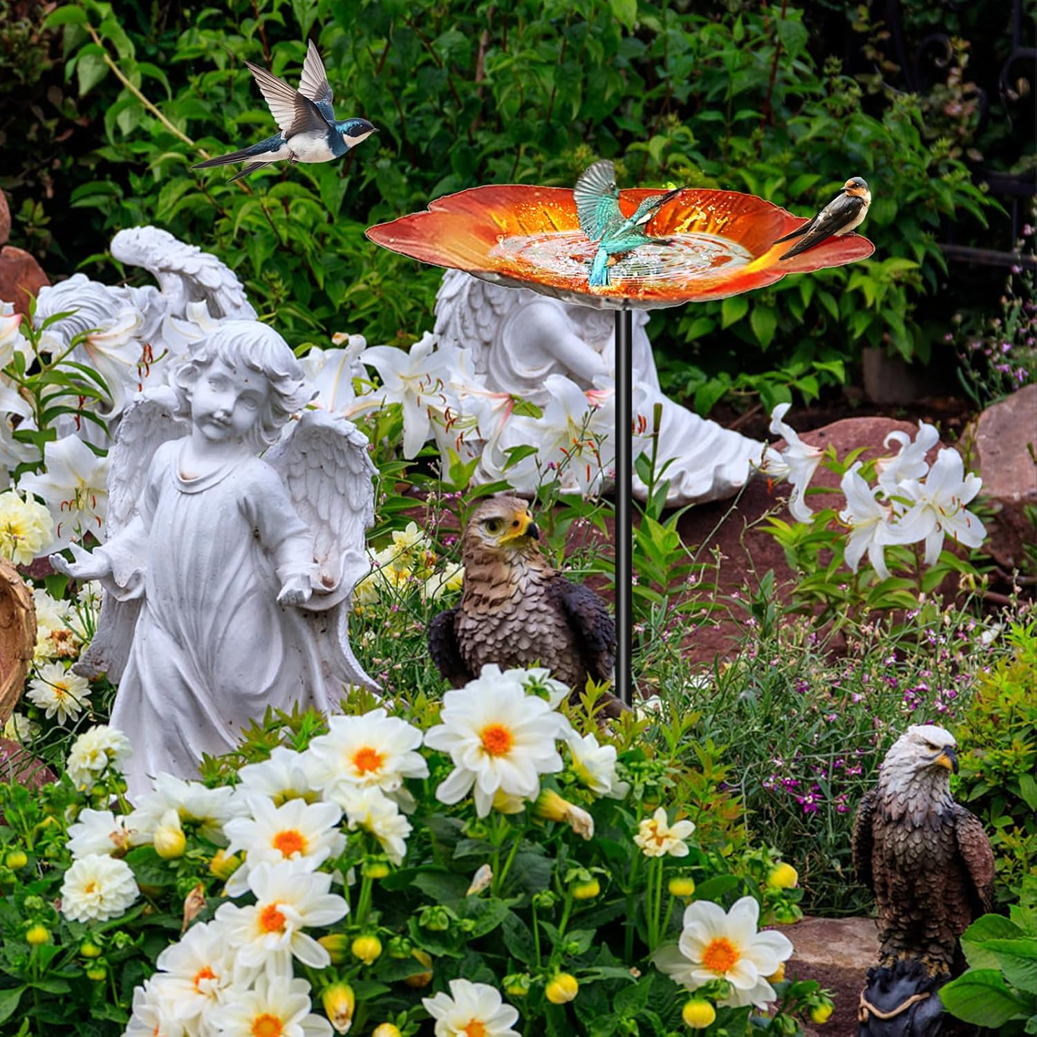 Metal Bird Bath, 25 Inch Rustproof Floral Bird Feeder with Stake, Decorative Sturdy Birdbath for Garden, Yard, Outdoor image number 5