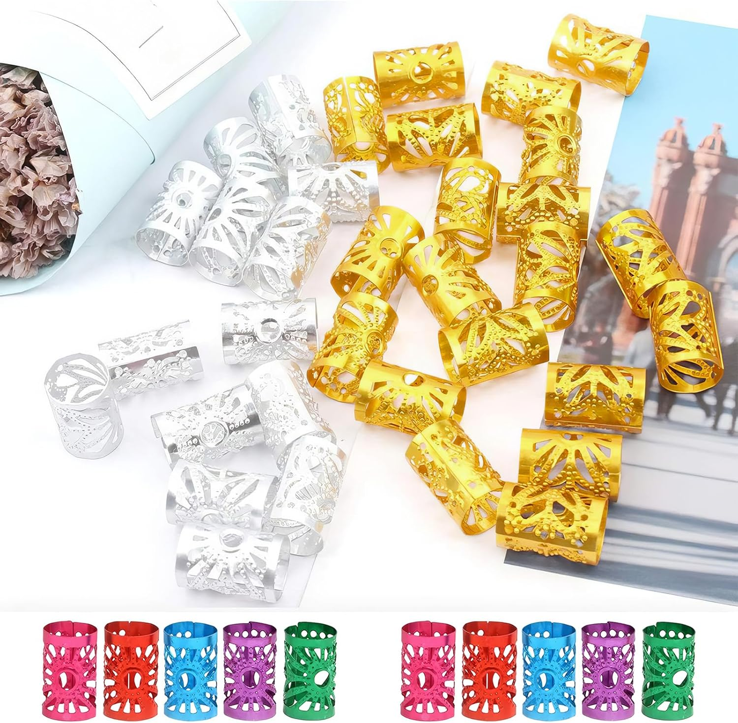 DHWEKU Pack of 50 Dreadlocks Jewellery, Adjustable Metal Cuffs, Hair Spiral Clips, Dreadlocks Beads, Braiding Hair Jewellery, Suitable for Men and Women, Coloured image number 2