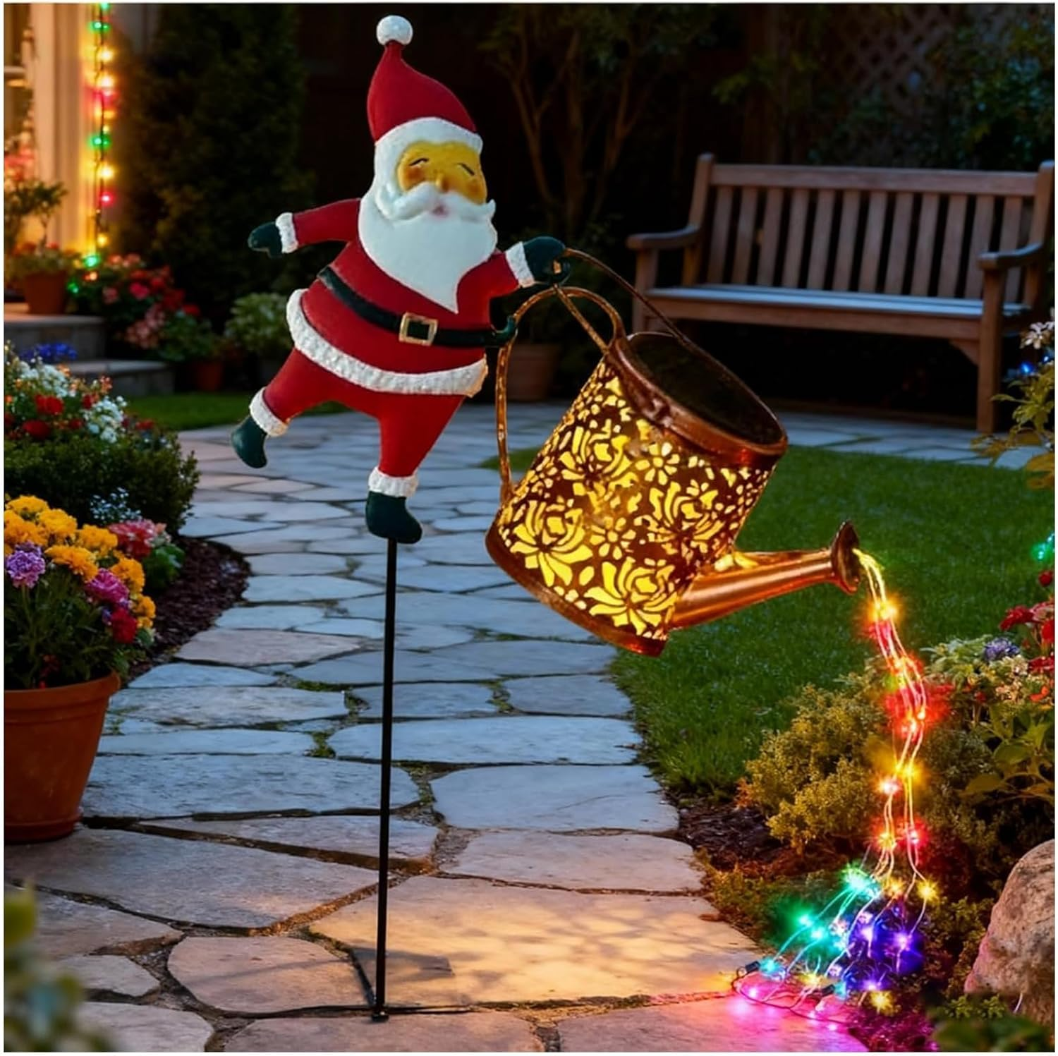 Christmas Santa Solar Kettle Lights, Garden Lawn Decorative Outdoor Waterproof Metal Watering Can with LED String Lights, Hanging Solar Lamp for Patio Yard Pathway Decorations Gifts (Color-2Pc) - Color B-1Pc image number 4