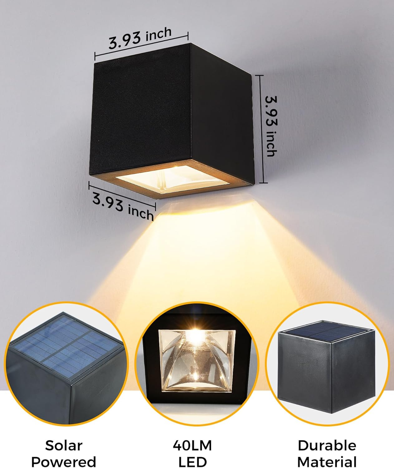 LUHLEE Solar Wall Lights Outdoor, Square Modern Solar Wall Sconce Lights IP65 Waterproof down Lighting for House Wall, Porch, Garden, Yard, Patio, Fence Decor - Black image number 6