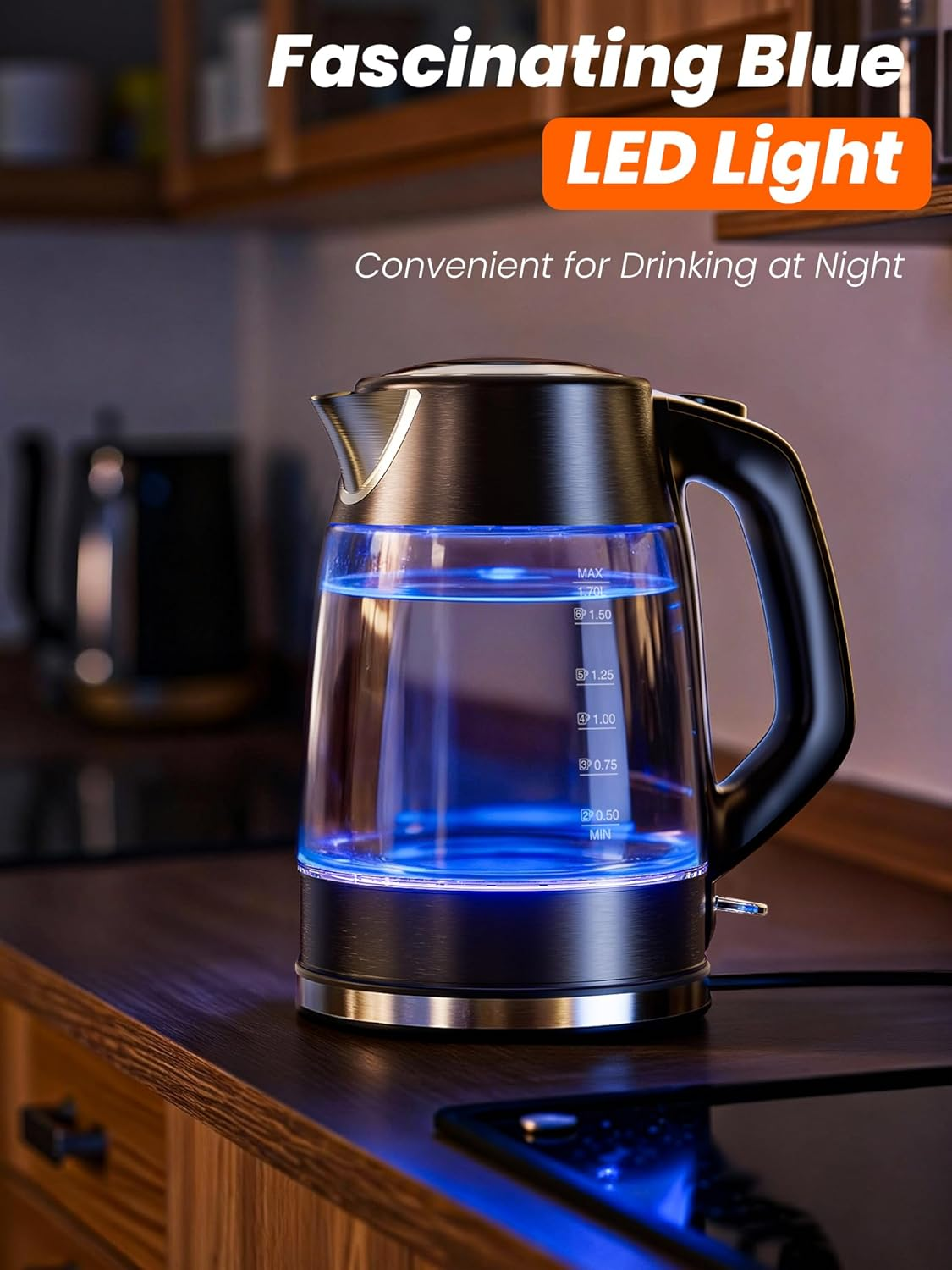 AUSELECT Electric Kettle - 1.7L Glass Kettle 2200W Stainless Steel Filter Spout, Quick Water Boiler Wiith Borosilicate Glass, Fast Boiling Water Kettles for Coffee & Tea, BPA Free, Automatic Shut Off