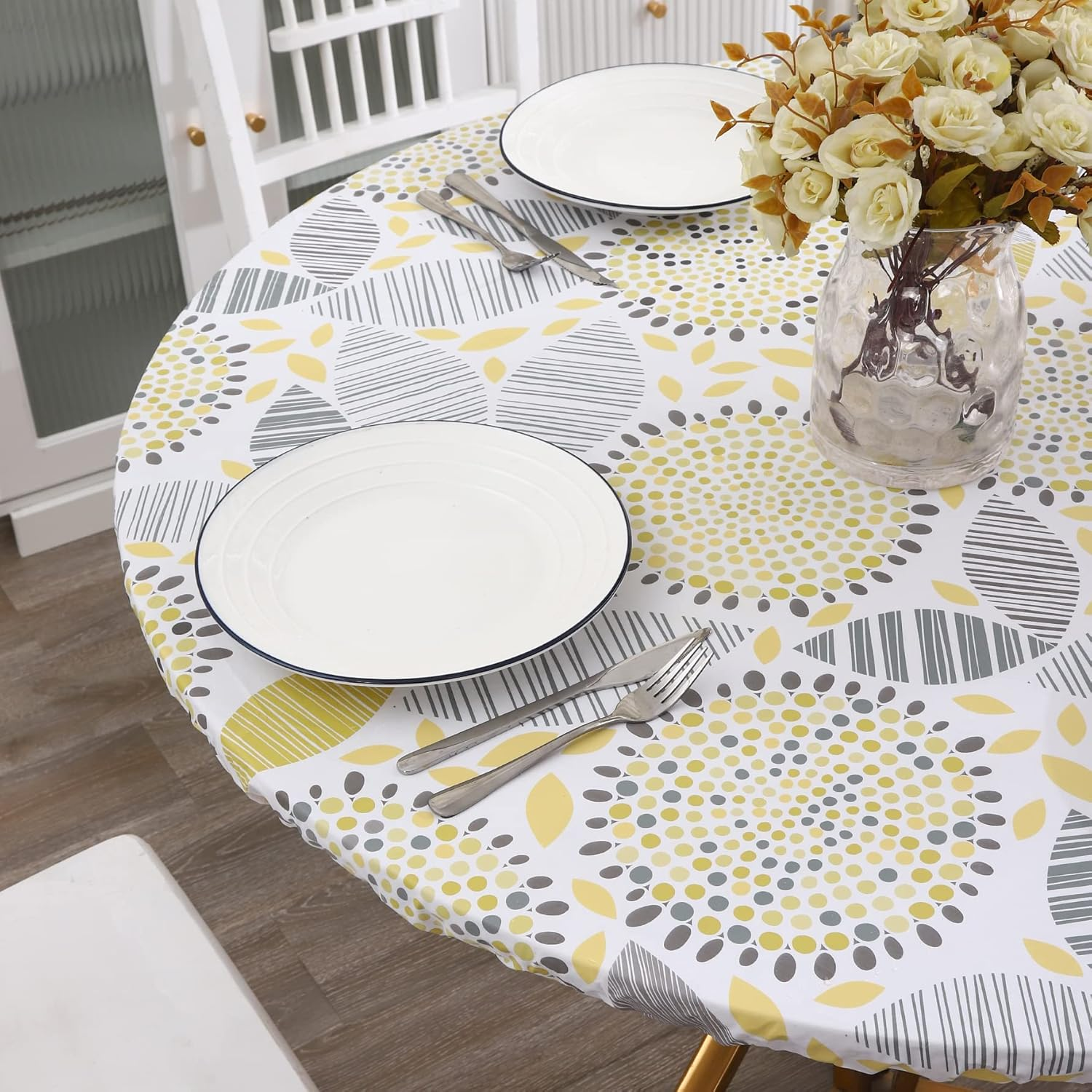 Walrus round Vinyl Fitted Tablecloth with Flannel Backing Elastic Edge Design Table Cover Waterproof Oil-Proof Wipeable PVC Table Cloth (Floral, Large round Fits Table up 45/ -56/ Diameter) image number 1