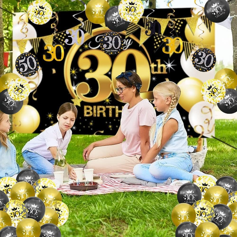 Happy Birthday Party Decorations Kit - Black Gold Glittery Backdrop Banner, Balloon, Hanging Swirls for Men Women (30Th)