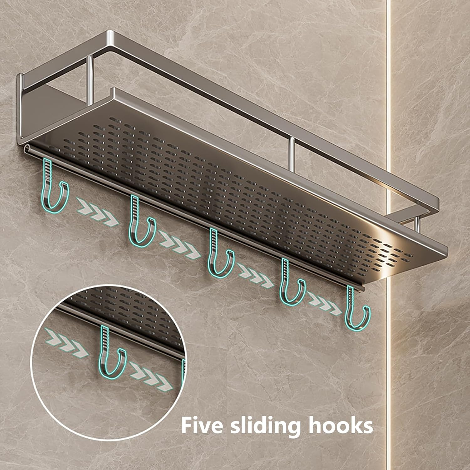 ZOOMTEC Large Shower Caddy with 5 Hooks and Removable Towel Bar, W50&times;D12Cm Rustproof Shower Organizer, Wall-Mounted No Drilling Bathroom Caddy for Balcony (Black) - Grey image number 3