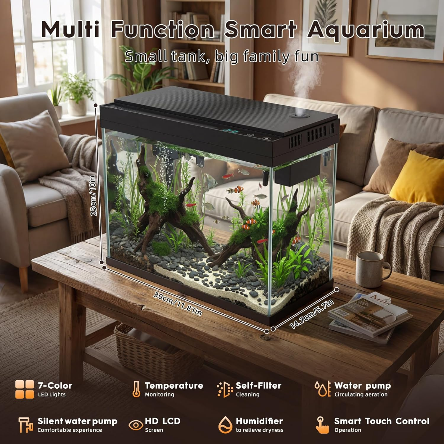 Smart Aquarium Small Aquarium Kit, 2.1 Gallon Fish Tank Kit with 7-Colour LED Light Scent Diffuser Humidifier Temperature Indicator image number 4