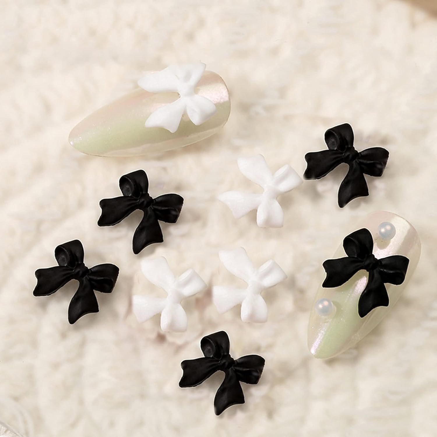 200Pcs 3D Colorful Aurora Bow Nail Art Decoration, Bow Nail Charms Nail Multi-Shape Charms Pendant Pearls Art Accessories(Black White) image number 5