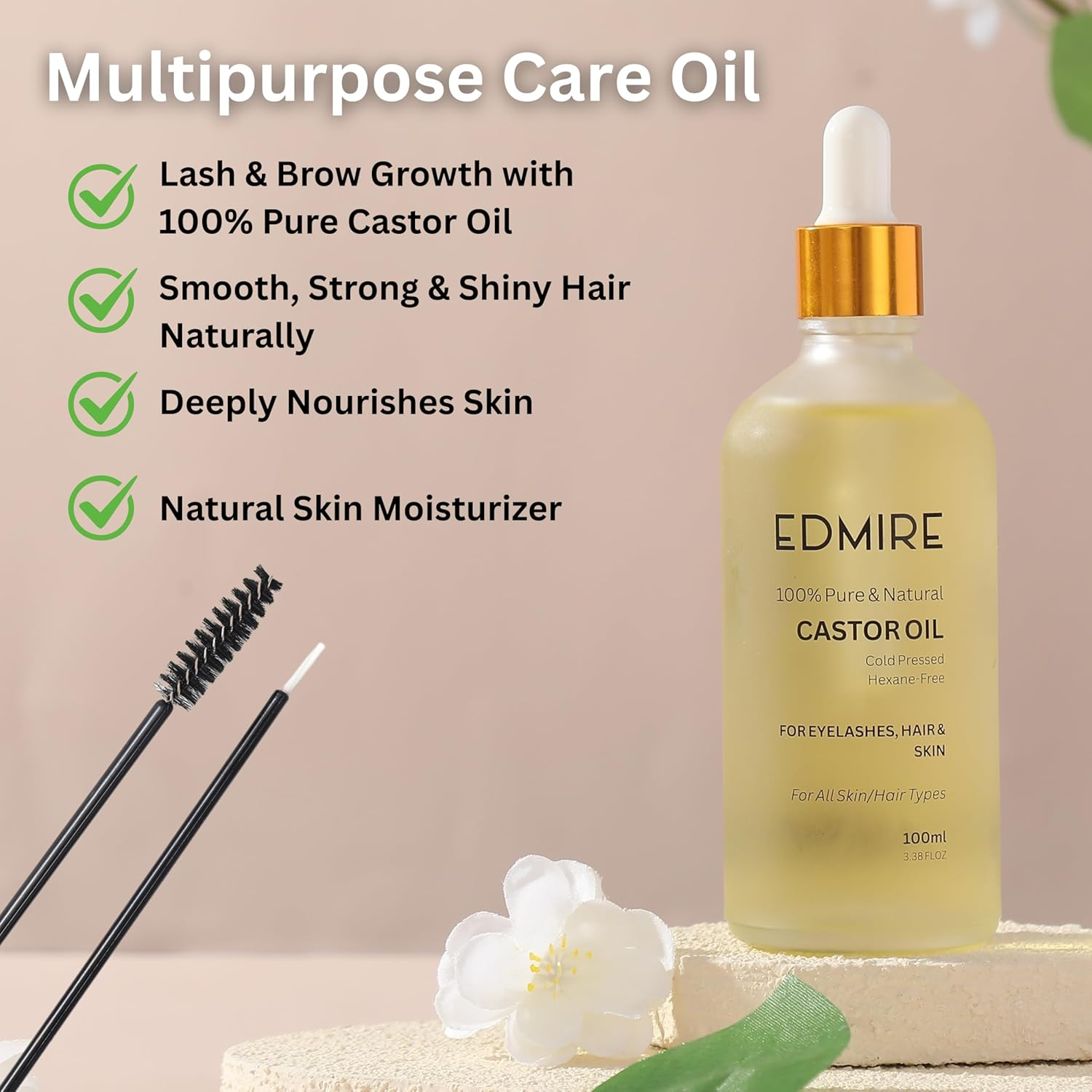 EDMIRE Organic Castor Oil, 100% Pure Cold Pressed Hexane Free Castor Oil for Hair Growth, Eyelashes, Eyebrows Skin & Scalp. Unrefined Natural Hair Oil for Hair & Scalp Treatment, 100Ml