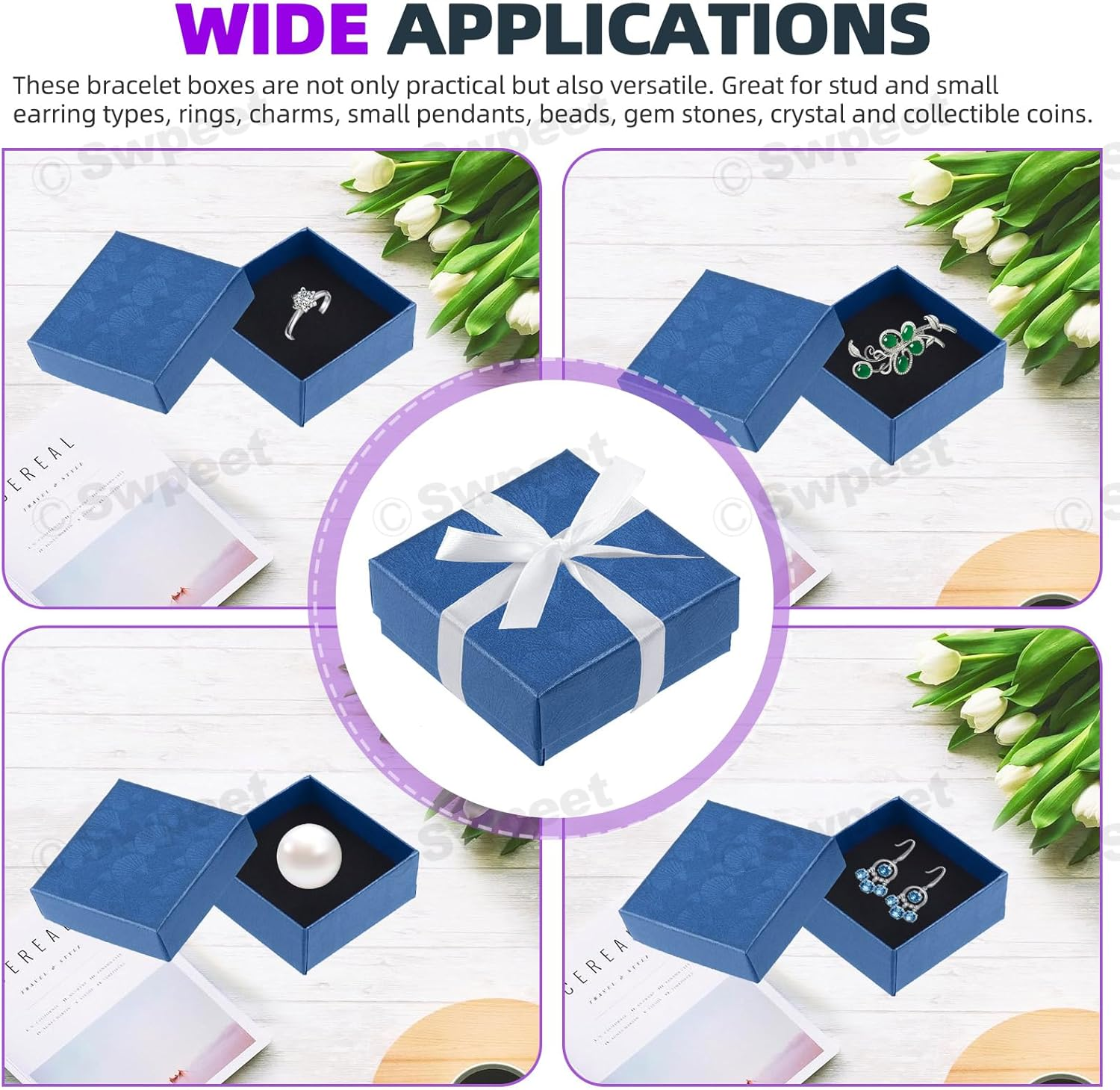 Swpeet 17Pcs 2.95 X 2.95 X 1.2Inch Sapphire Blue Fan Pattern Cardboard Jewelry Gift Boxes with Scissors and Polyester Ribbon Assortment Kit, Necklace Earring Bracelet Boxes Gift Case for Jewelry - Black image number 7