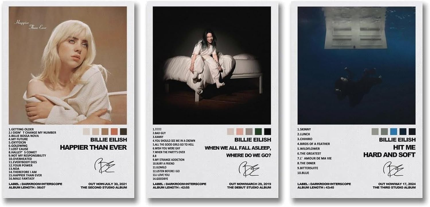ZIENVE Billie Album Cover Posters, 3 Piece Eilish Print Music Canvas Wall Art Album Cover Signed Limited Posters Aesthetic Home Room Decor, 30 X 40Cm Unframed image number 1
