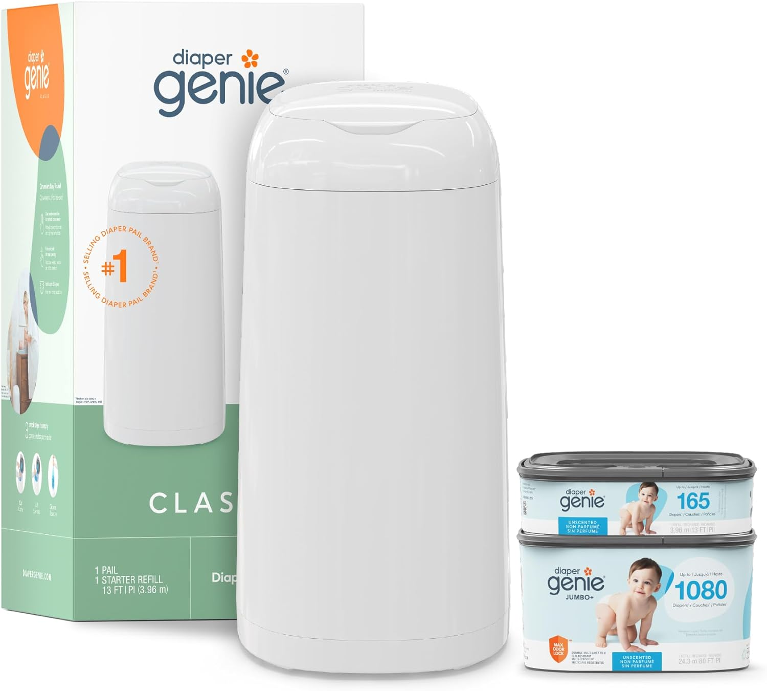 Diaper Genie Classic Gift Set | Baby Registry Must-Have | Odor Control with Push-N-Lock | Refill Supply for up to 1,245 Newborn Diapers