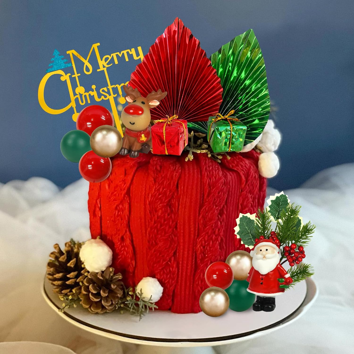 20 PCS Christmas Cake Toppers Merry Cake Decoration with Green Red Palms Tree Mini Santa Reindeer for Christmas Themed Birthday (Style 1) image number 5