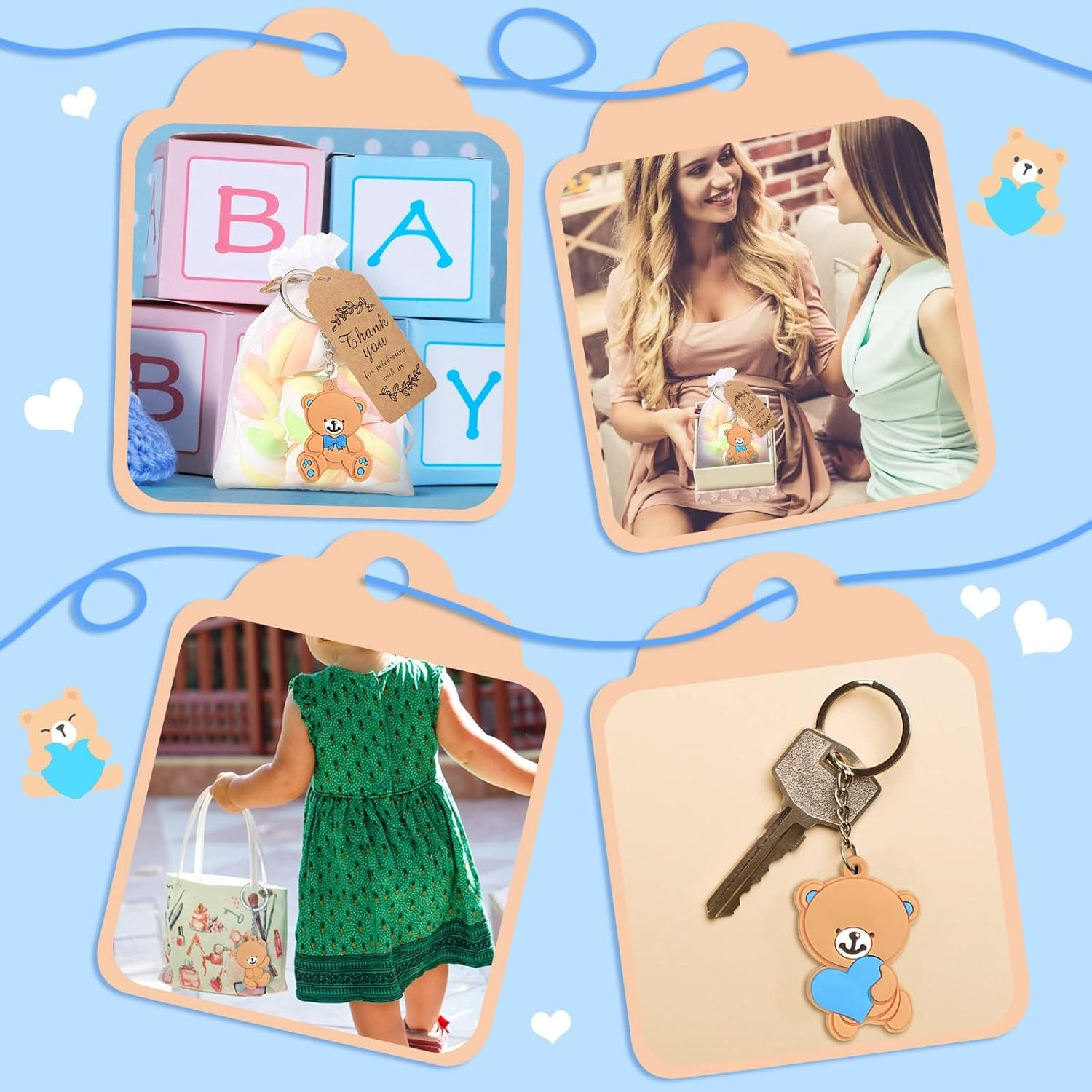 120 Pcs Bear Baby Shower Favors Bear Party Favors, Cute Keychain with Organza Bags Thank You Kraft Tags and Rope for Guests Girls Boys Birthday Party Supplies Decorations (Blue, Cute) image number 6