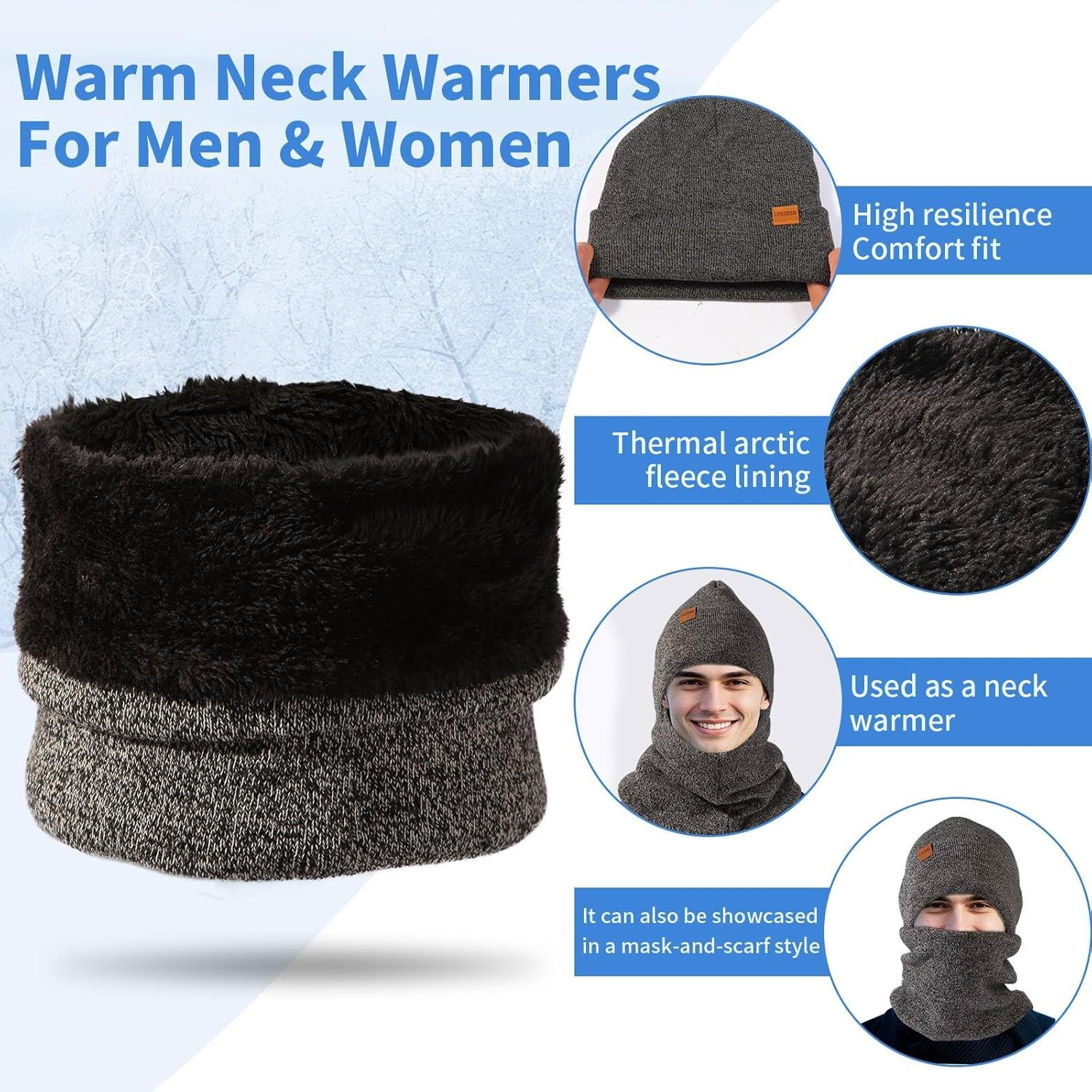 LOKZEER Winter Beanie Gloves Scarf Set: Men Women Warm Hat Scarves with Thermal Wool Lining. Knit Beanies Neck Warmer and Touchscreen Gloves 3 in 1 (One Size) - Grey image number 4