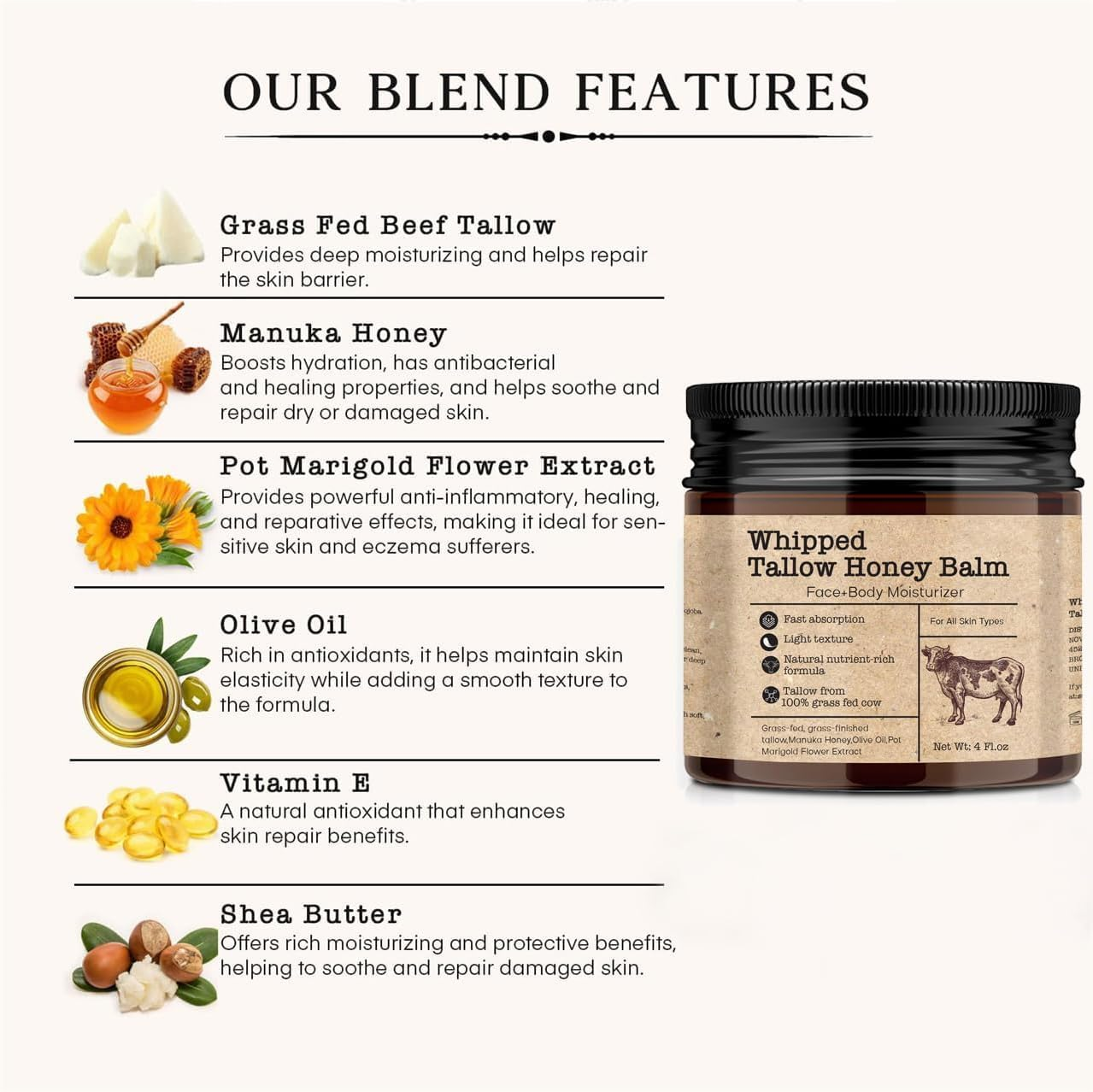 Whipped Tallow Honey Balm,Beef Tallow with Honey Moisturizer Cream for Face Body image number 4