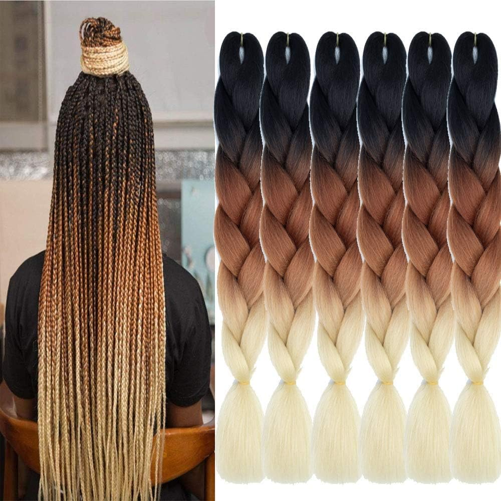 FANWYFYU Ombre Braiding Hair, Pack of 3 Kanekalon Hair Braids Extensions, Jumbo Braid Hair Extensions, 24 Inches, Braids Box Braid Hair, Synthetic Hair for Braiding (DB-MC9)