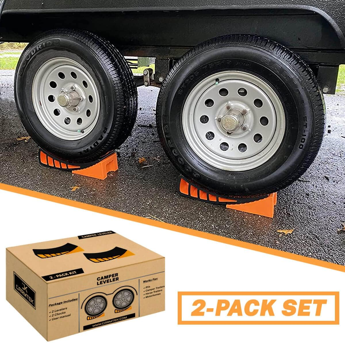 CARMTEK Camper Leveler 2-Pack Kit | Curved RV Levelers with Trailer Wheel Chocks for Dual Axle Trailers | Faster RV Leveling System than RV Leveling Blocks | RV Accessories for Travel Trailers image number 4