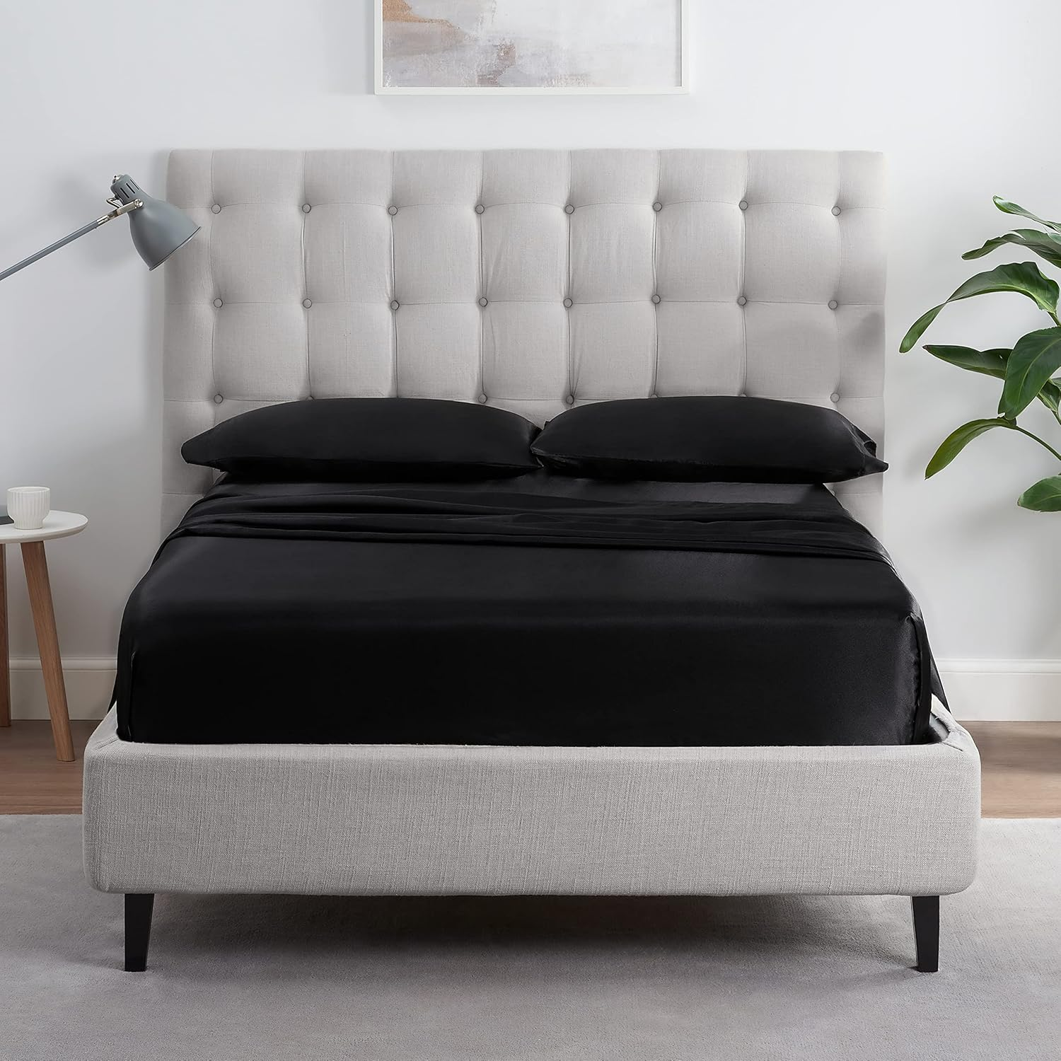 SERTA Satinluxury 4Pc Soft Lightweight Deep Pocket Bedding Silky Satin Sheet Set with Pillowcases, King, Black image number 5