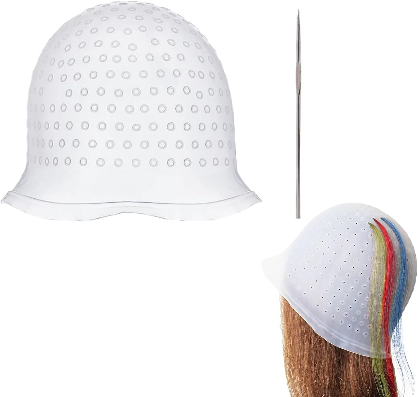 Heanvmyss Silicone Highlighting Cap,Hair Highlighting Cap and Hook Kit,Reusable Streaking Caps with Pre-Punched Holes,Soft Half Transparent Hair Highlighting Cap for Men Women Salon Home(White) image number 6