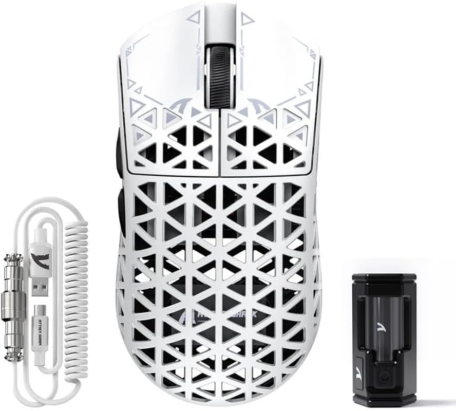 ATTACK SHARK R5 Ultra Wireless Gaming Mouse,39G Superlight Carbon Fiber Hollowed-Out,Paw3950Max Optical Sensor Nordic 52840 MCU 8K Polling 42K Dpi,Tri-Mode Programmable Mice with Coiled Cable-Black