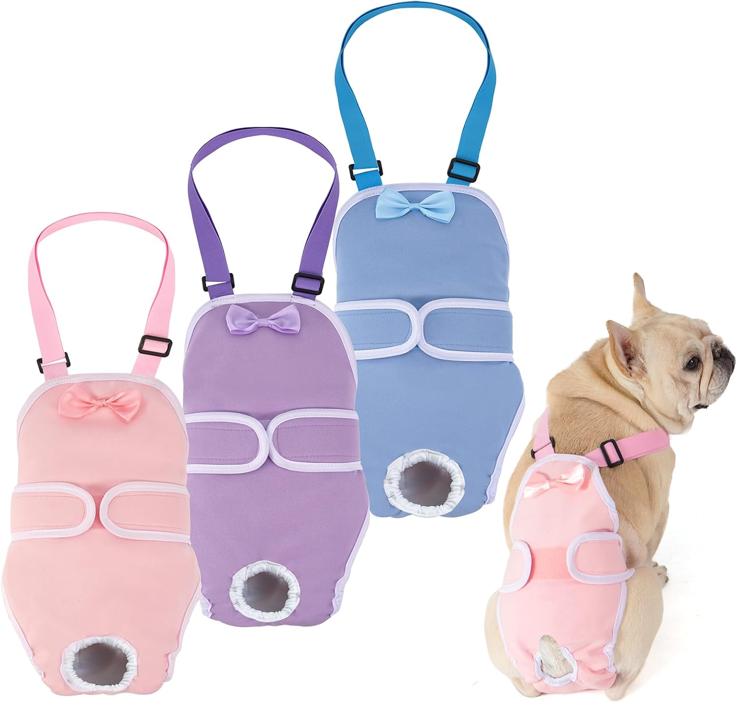 Avont 3 Pack Frenchie Dog Diapers Female, Washable Reusable Girl Doggie Pants for Period Heat Cycle, Full Body Cover Onesie with Adjustable Straps -Pink/Purple/Blue M image number 3