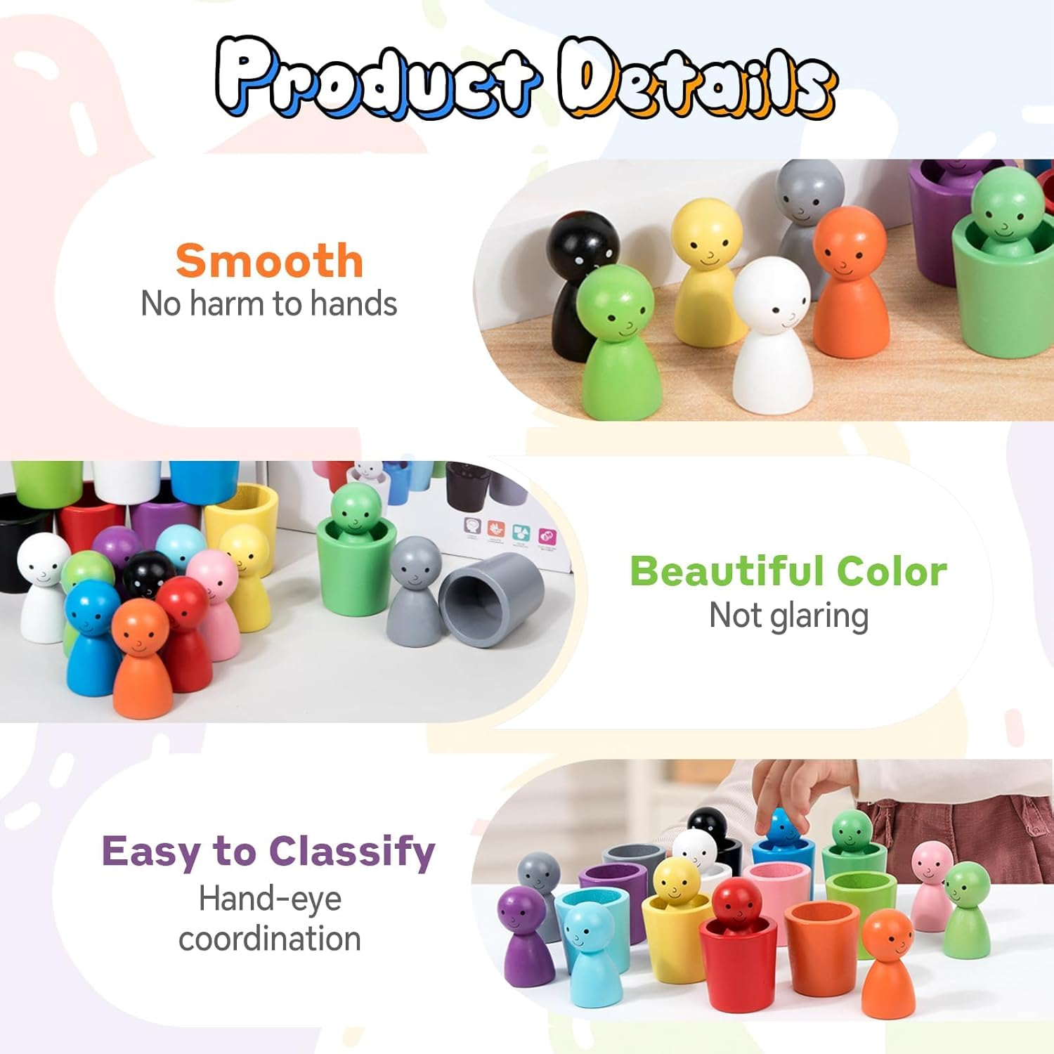 Montessori Sensory Wooden Color Sorting Stacking Cups Toys for Kids Toddlers 1 2 3 image number 2