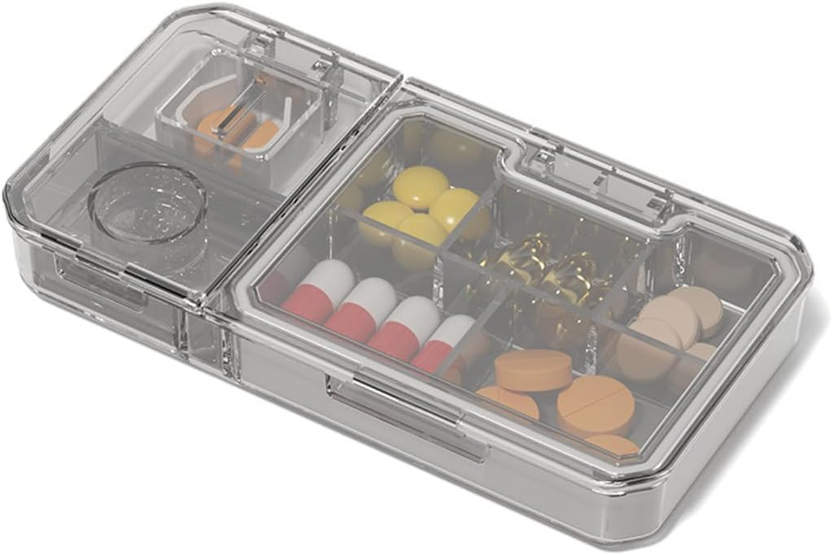 Travel Medicine Pill Organizer with Cutter Crusher, Large Capacity 5 Compartment Pill Crusher Pill Box,Hold Vitamins Medication Supplements