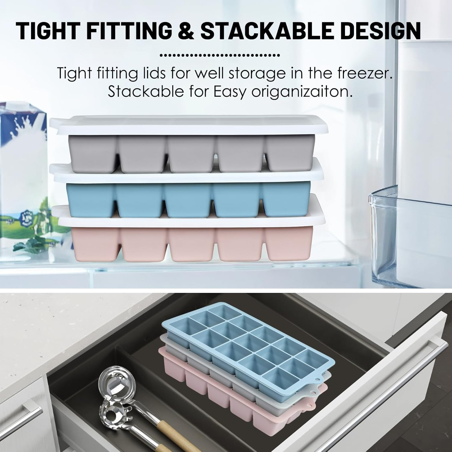 Ice Cube Trays Set of 3, Easy Release 15 Flexible Silicone Ice Cube Molds with Removable Lid Reusable Freezer Ice Trays Stackable for Whiskey, Baby Food (3, Blue+Grey+Pink) image number 3