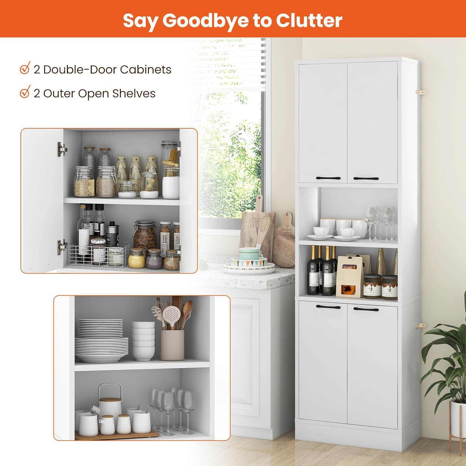 Giantex 190 CM Kitchen Pantry Cabinet, Tall Freestanding Cupboard with Doors & Shelves, Safety Hinges & Anti-Tipping Devices, Storage Sideboard for Dining Room Living Room, White