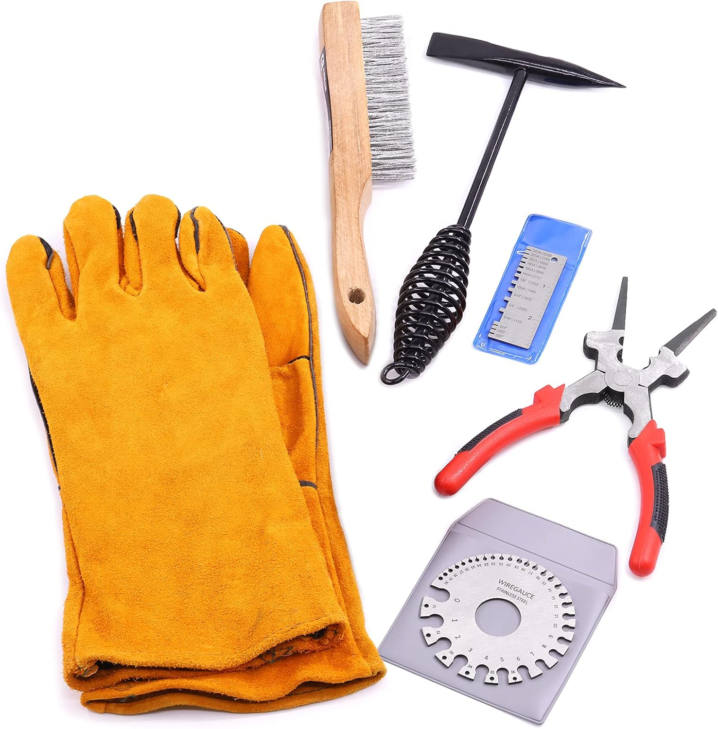Mardatt 6Pcs Industrial Slag Removal Welding Tools and Accessories Includes 10 Inch Welding Chipping Hammer, 8 Inch Welding Pliers, Wire Brush, Welding Gloves, Wire Gauge, Metal Sheet Thickness Gauge image number 6